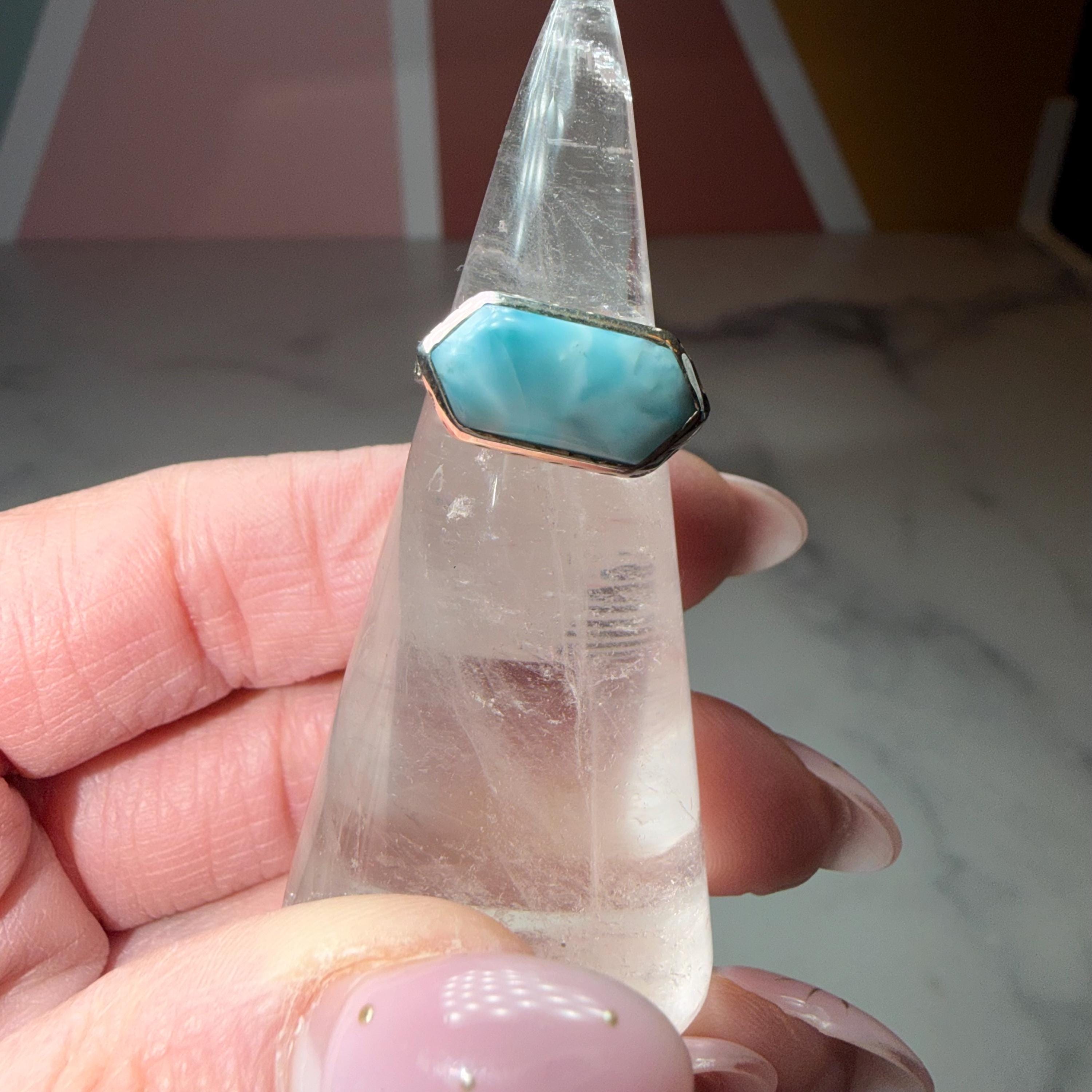Larimar Ring, Sterling Silver Hammered Band, Ocean Stone Minimalist Jewelry, Size 6 6