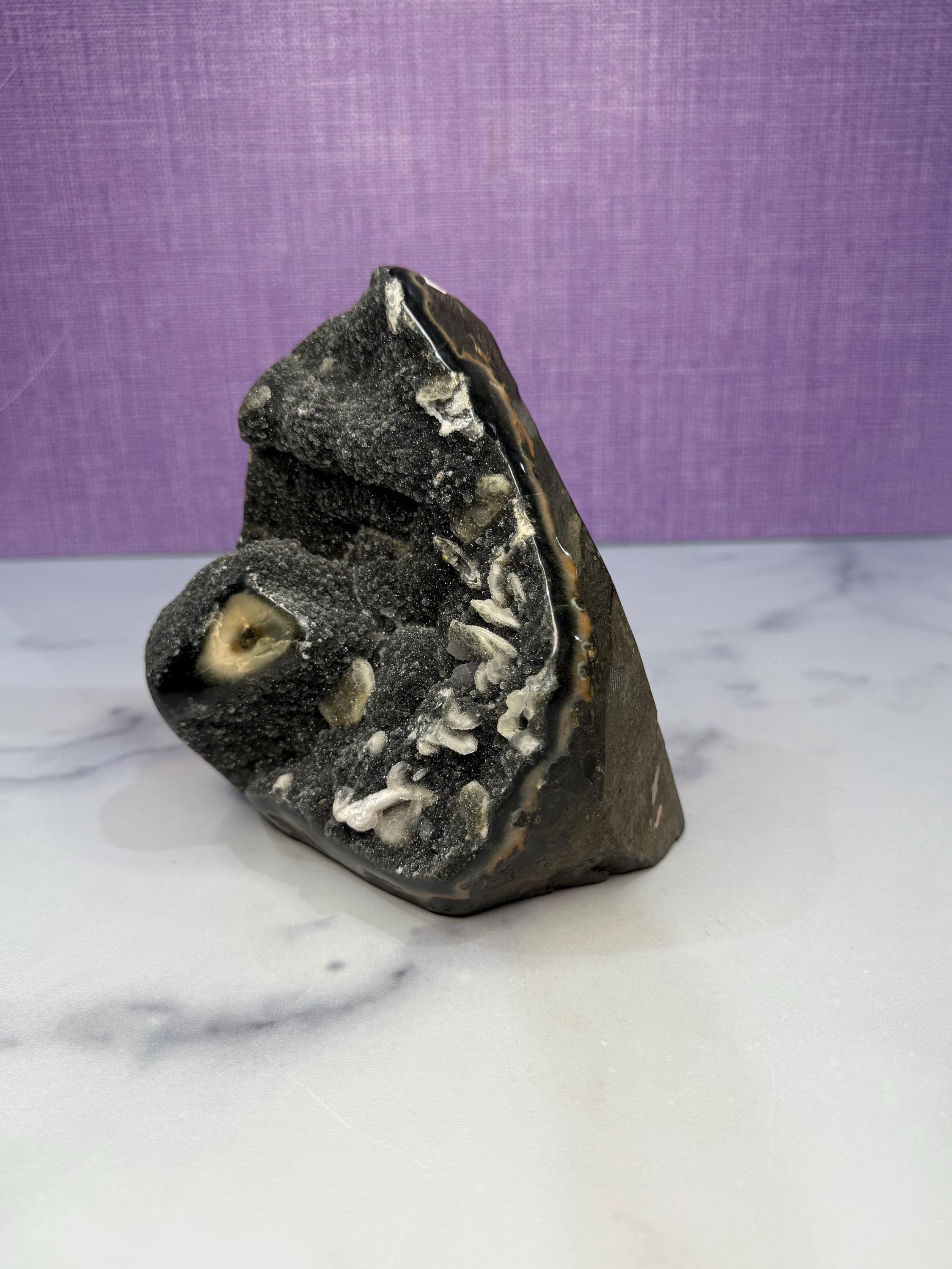 XL Black Amethyst Druzy Cut Base with Calcite • Sparkling Crystal Cluster • Spiritual Decor 4