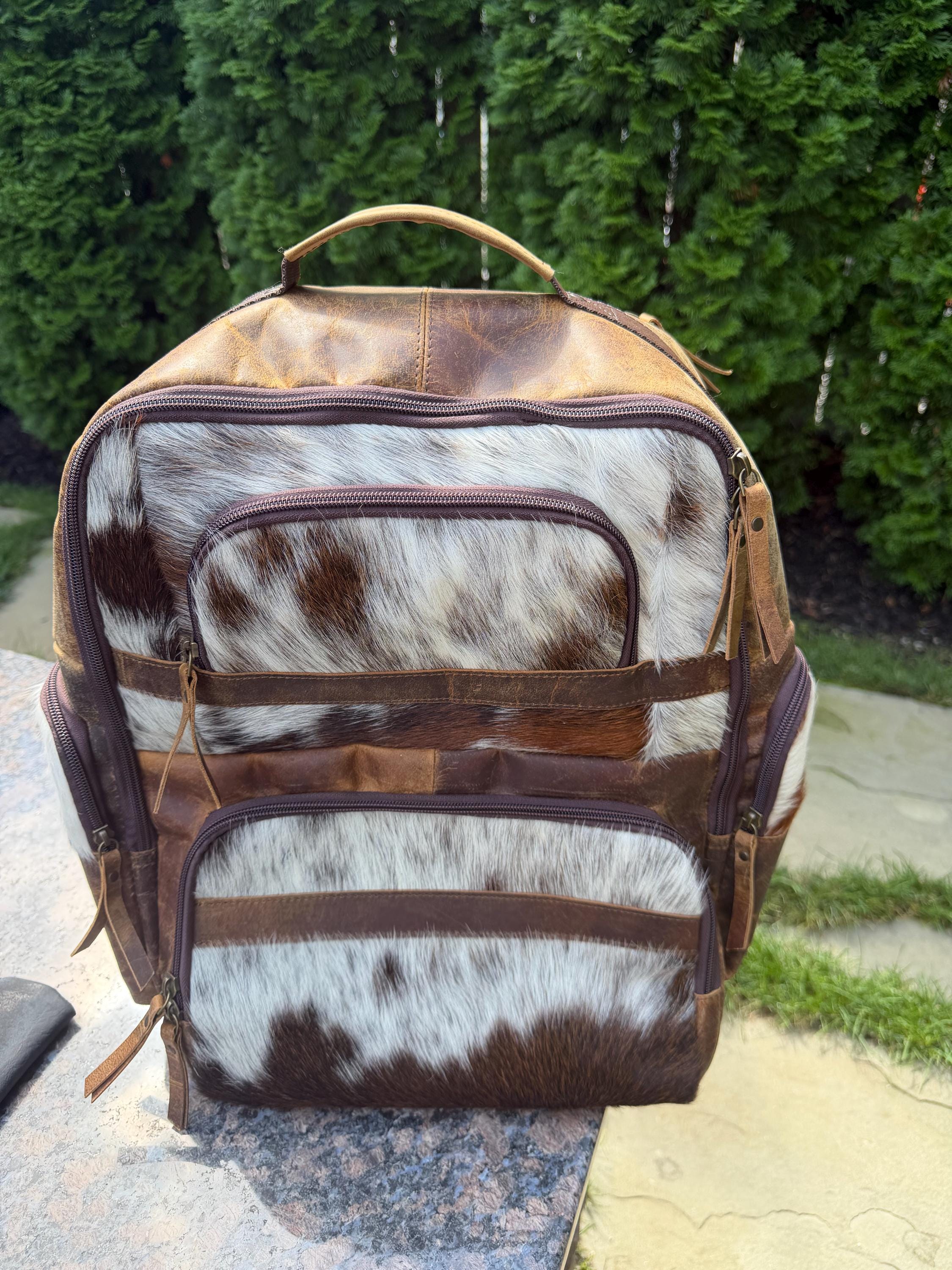 Western Cowhide & Leather Backpack – Hair-On Hide Rustic Travel Bag 3