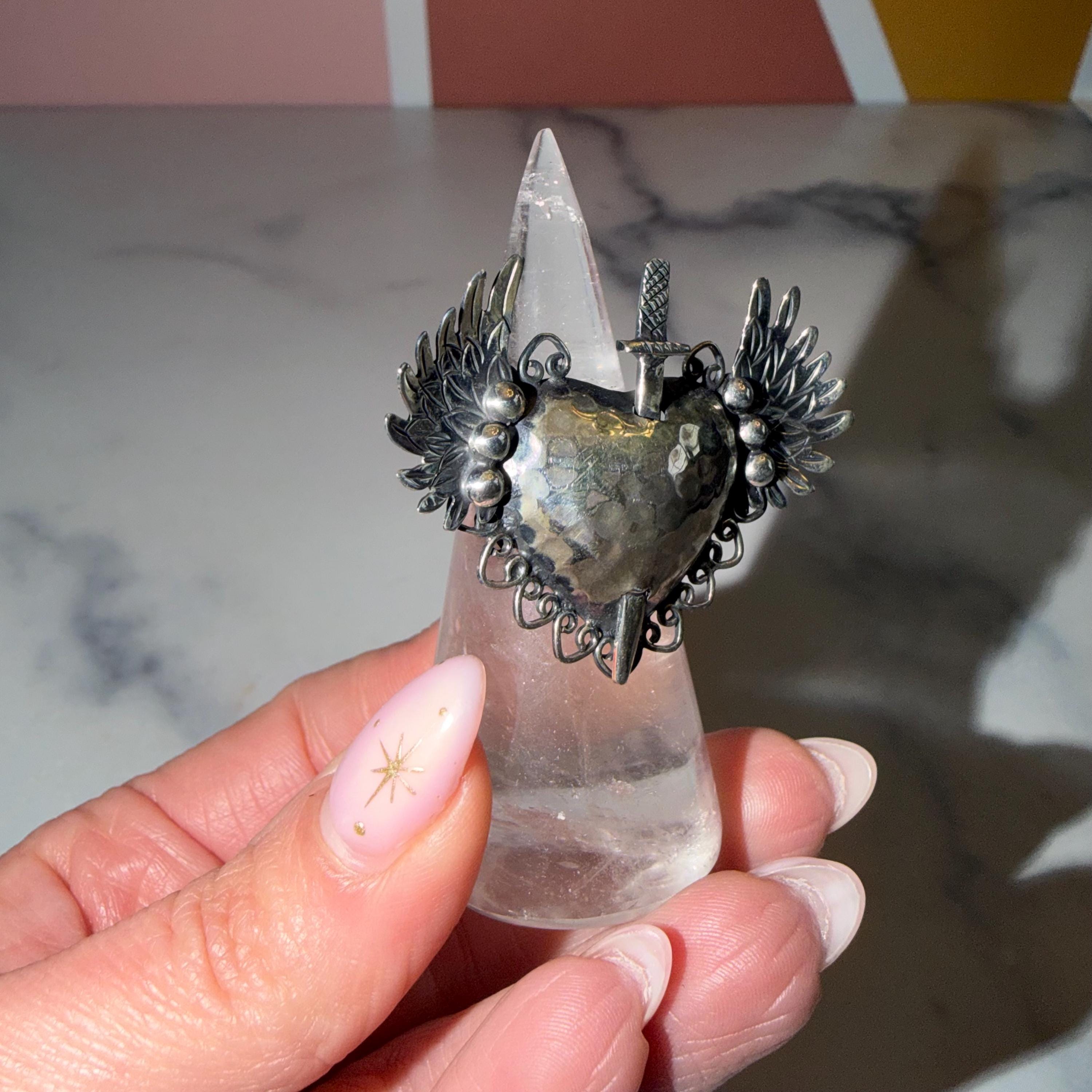 Sacred Heart Dagger Ring • 925 Sterling Silver • Adjustable Size • Gothic Statement Ring • Religious Jewelry 4