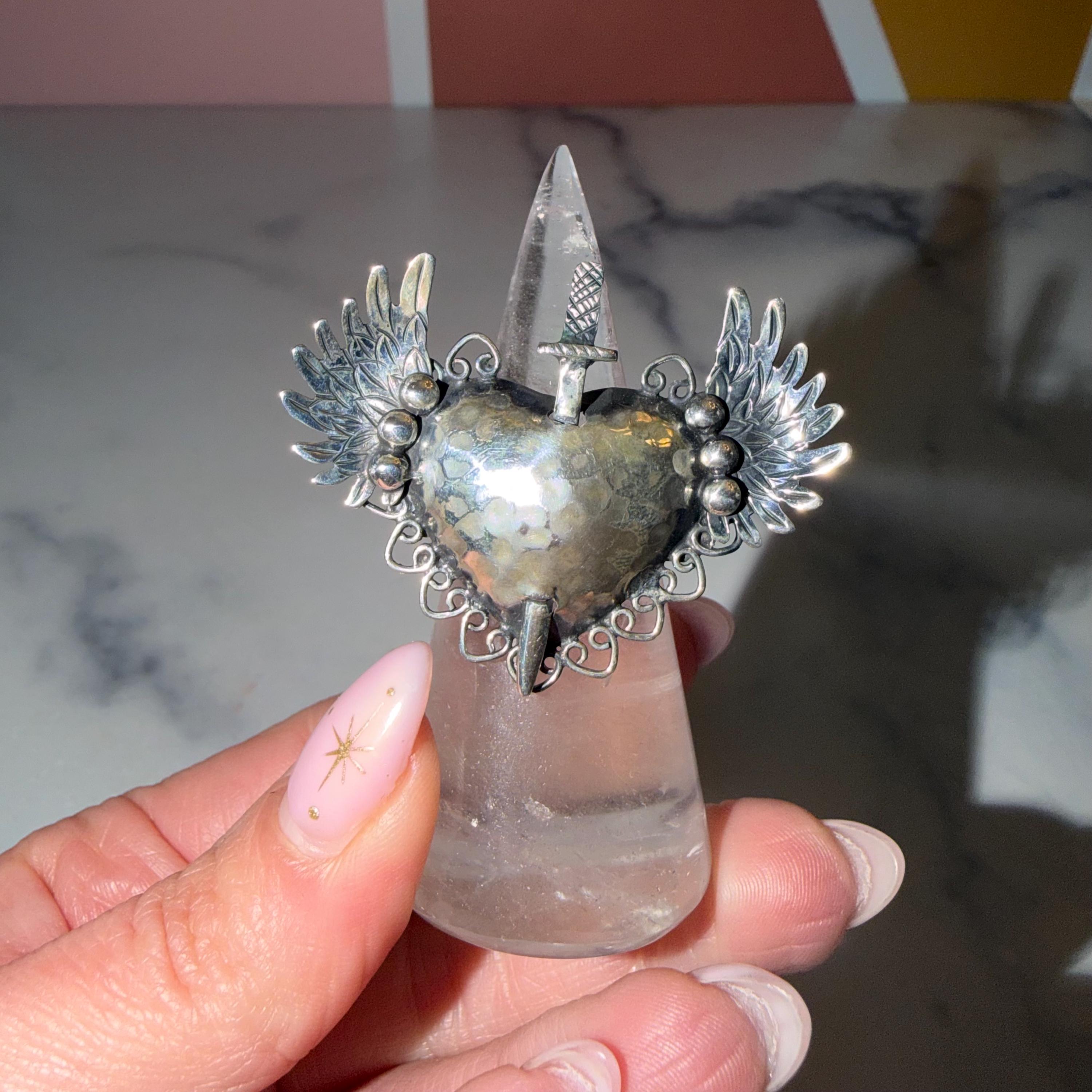 Sacred Heart Dagger Ring • 925 Sterling Silver • Adjustable Size • Gothic Statement Ring • Religious Jewelry