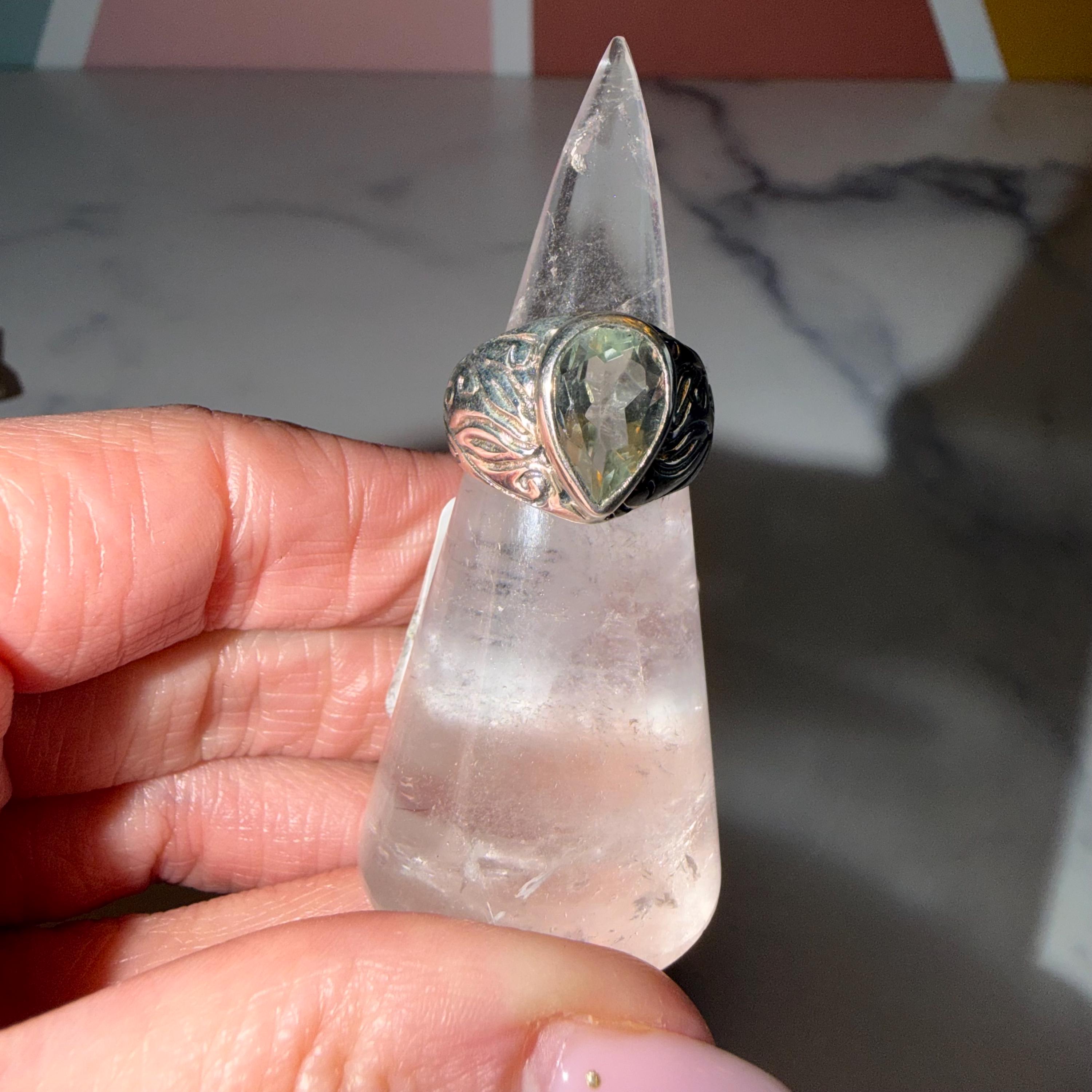 Prasiolite Teardrop Ring 925 Sterling Silver, Size 6, Green Amethyst Ring, Floral Cigar Band, Statement Gemstone Jewelry, Boho Ring 3
