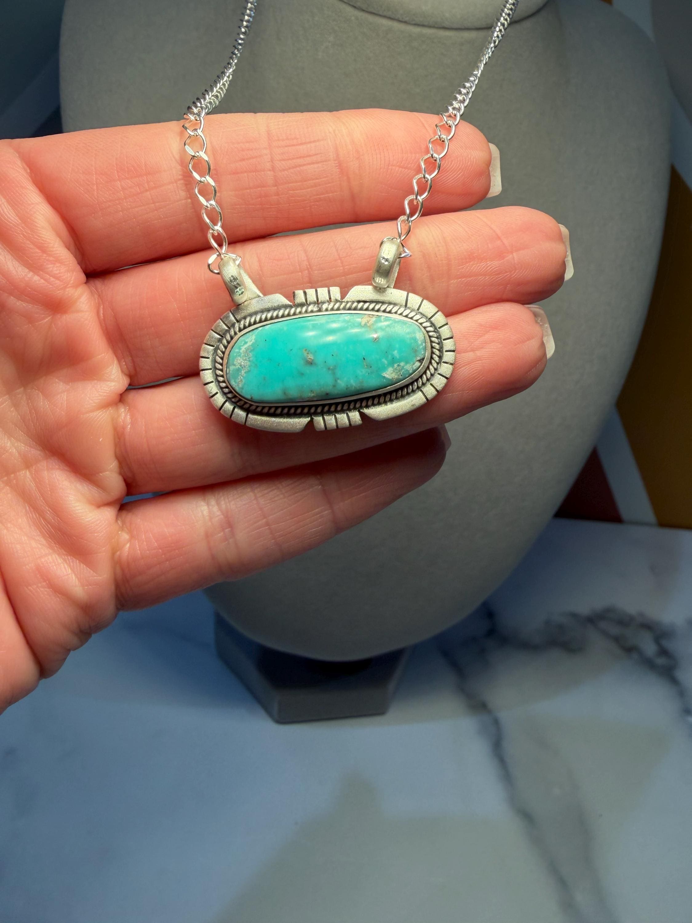 Sterling Silver Turquoise Bar Necklace, Southwest Style, 17.5 Inch Adjustable Chain 2