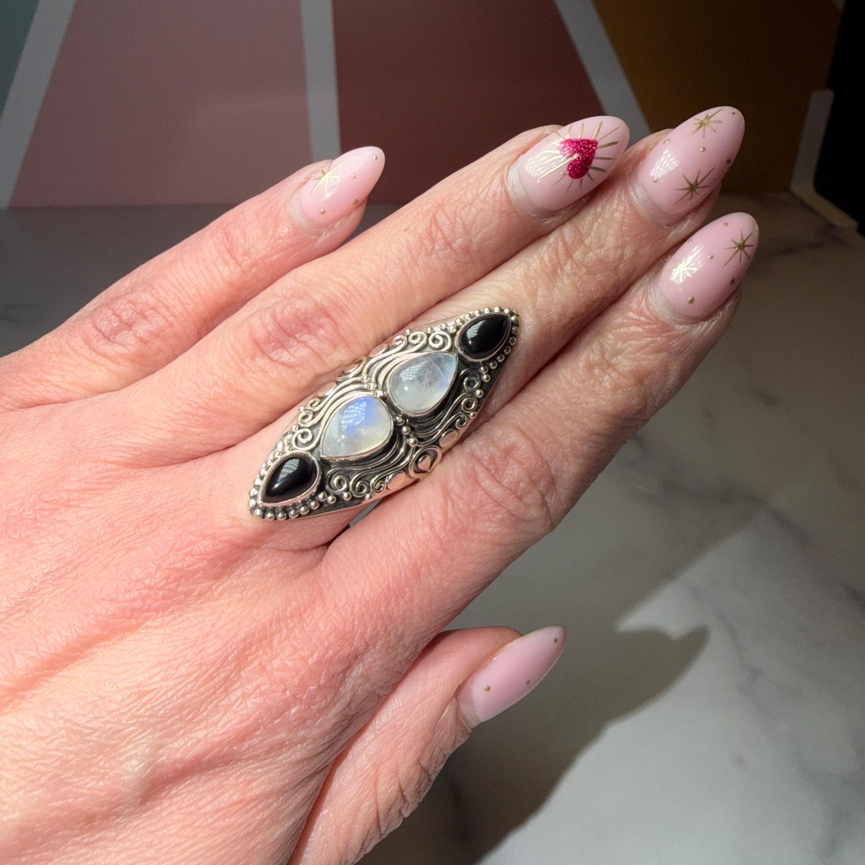 Black Onyx Moonstone Sterling Silver Ornate Statement Ring Size 7 2