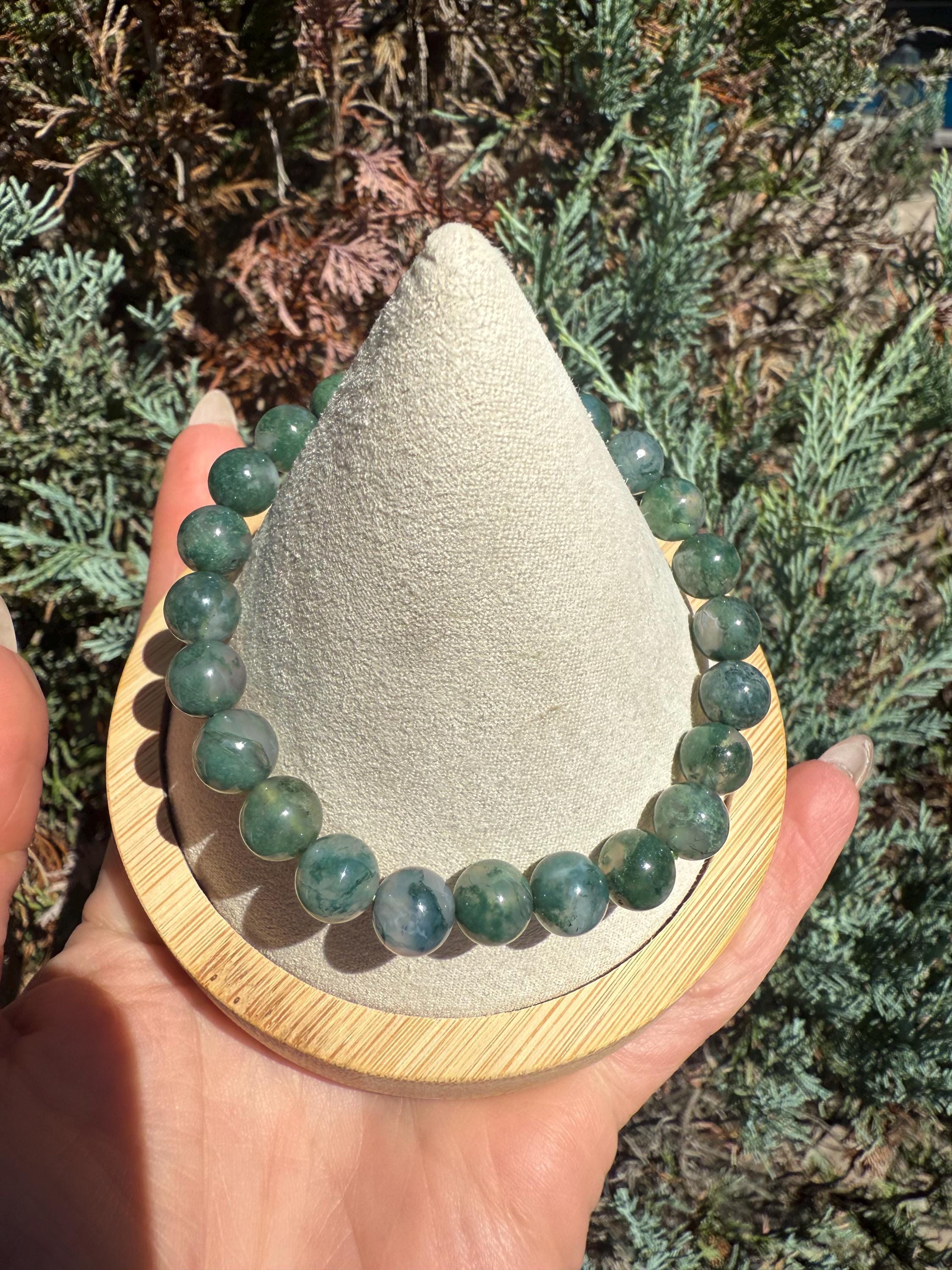 Moss Agate Stretch Beaded Bracelet, Grounding Crystal Healing Jewelry (9mm) 8