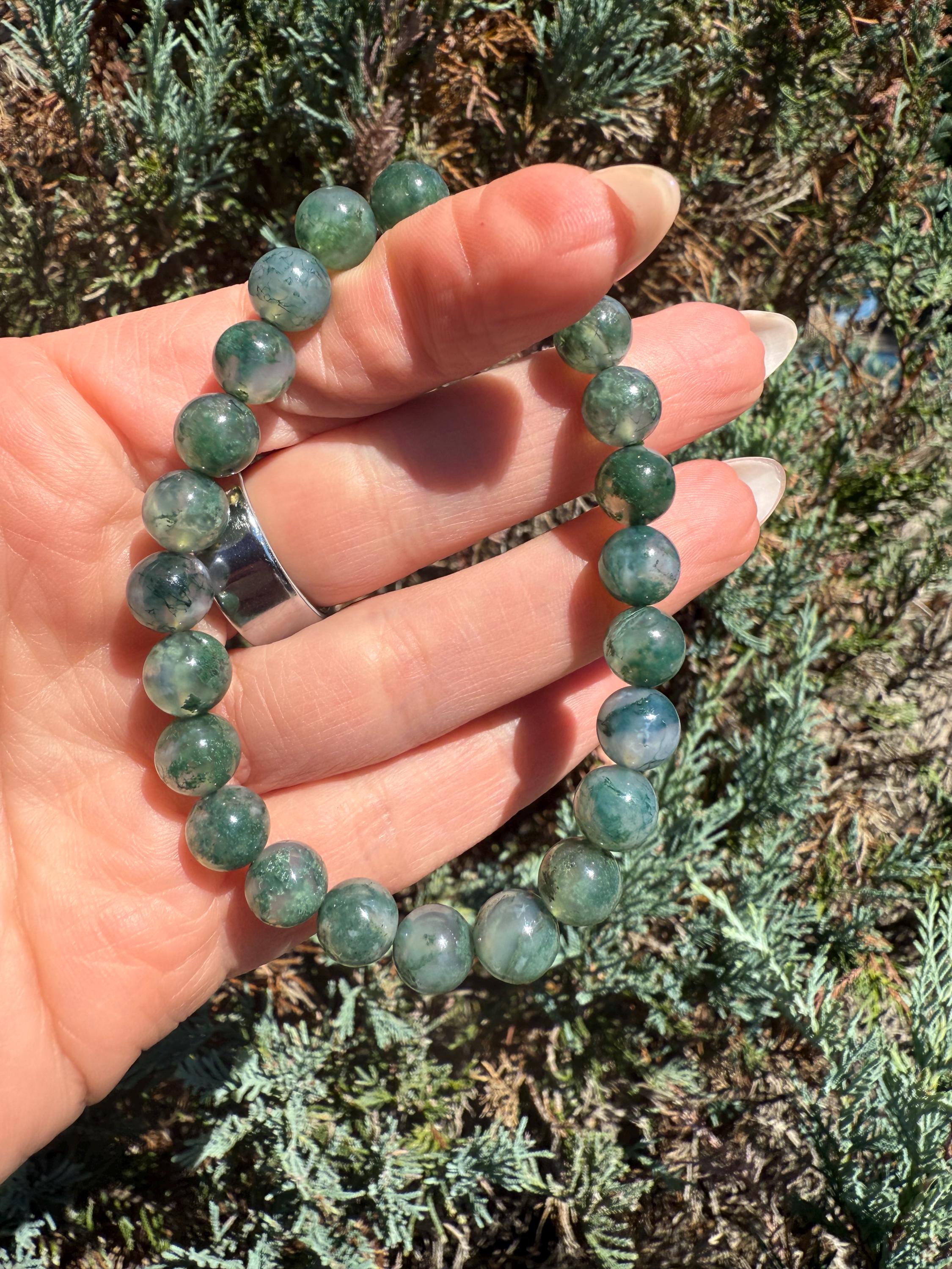 Moss Agate Stretch Beaded Bracelet, Grounding Crystal Healing Jewelry (9mm) 7