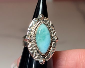 Anello con pietra larimar a taglio marquise, argento sterling 925, gemma naturale caraibica, gioiello di tendenza (taglia 6)