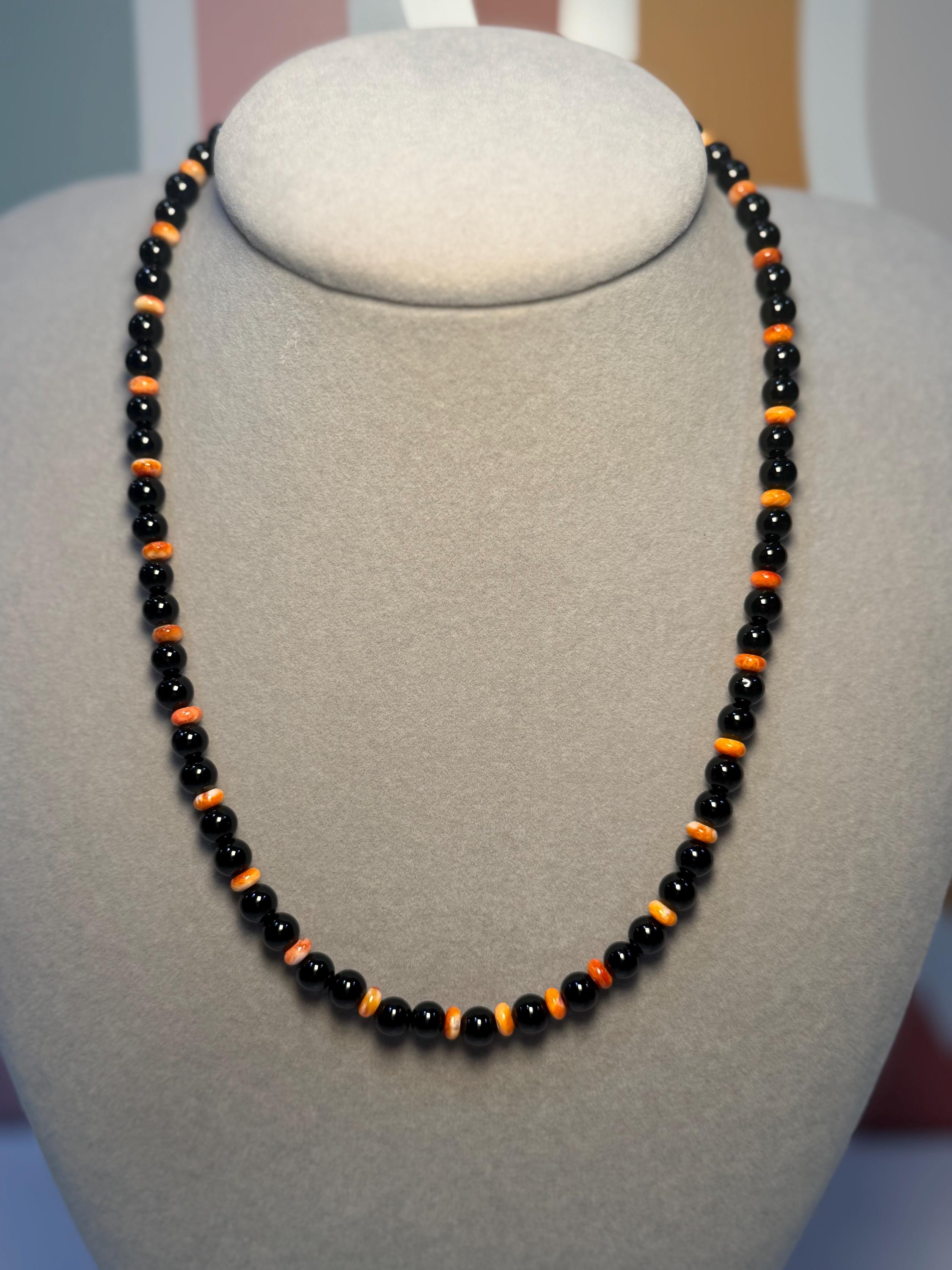 Naomi Garcia Black Onyx Orange Spiny Oyster Beaded Necklace, Sterling Silver Clasp 4