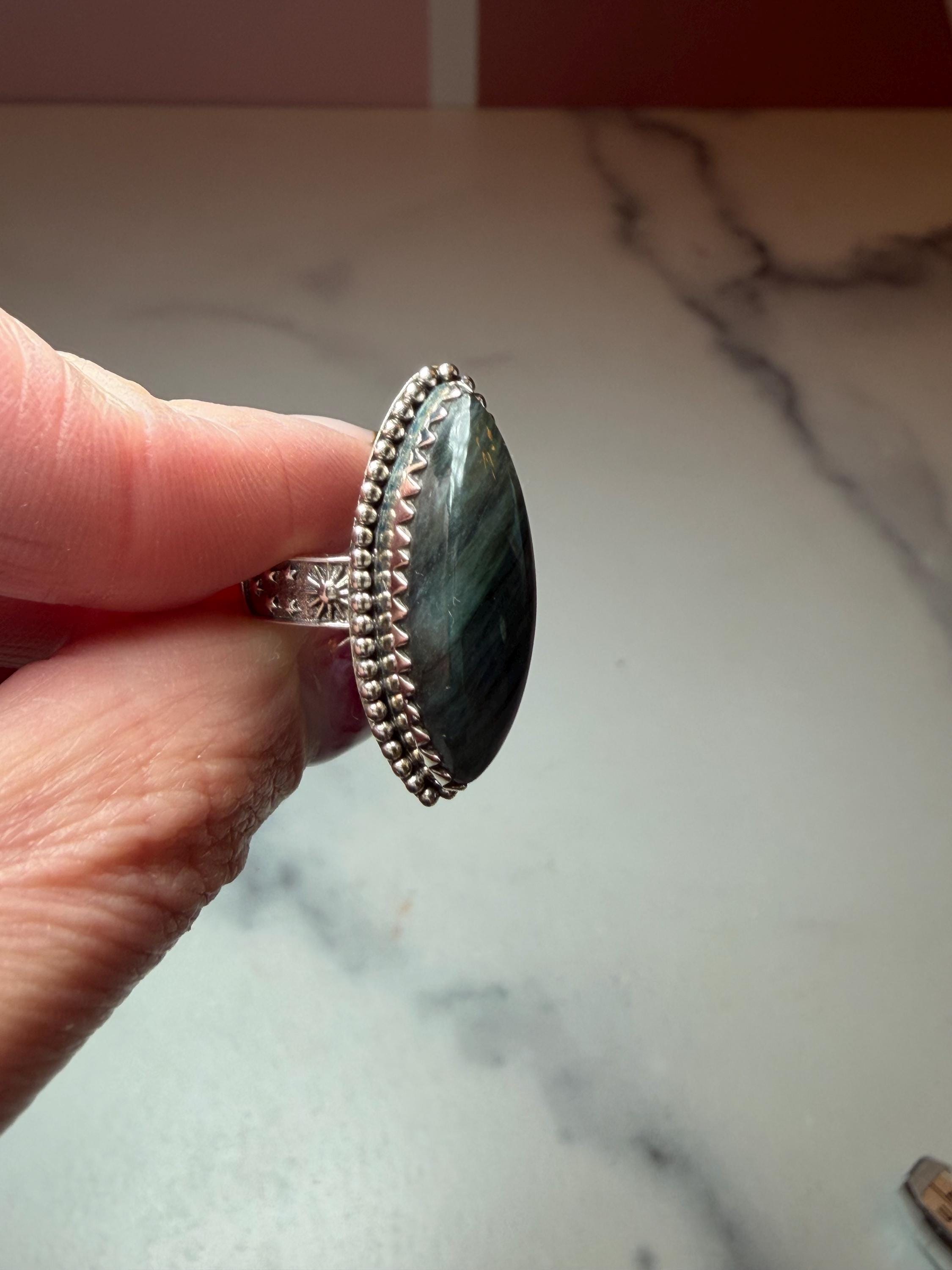 Marquis Labradorite Ring • Sterling Silver • Blue Green Flash Gemstone • Boho Statement Jewelry (size 6.5) 4