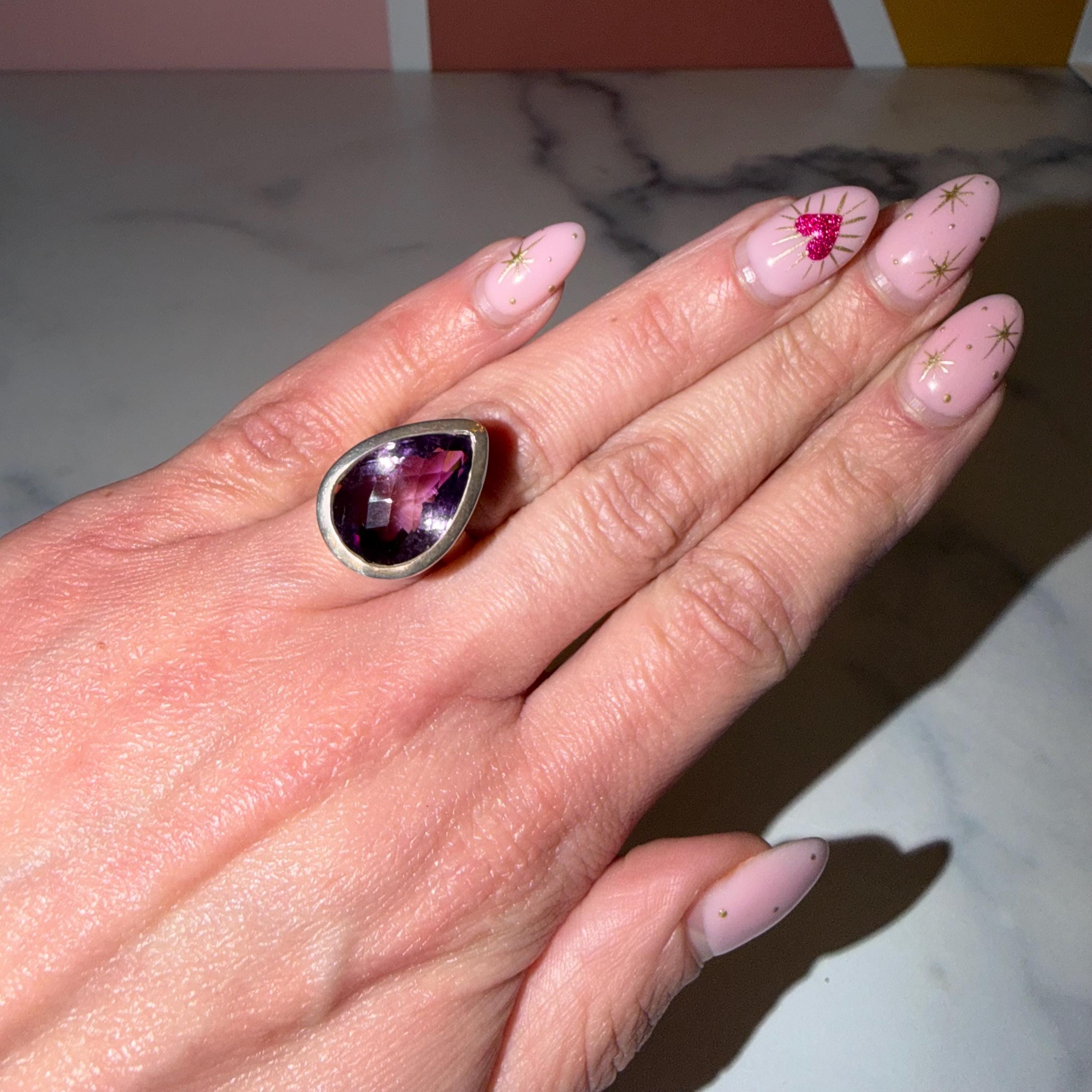 Large Amethyst Teardrop Ring • Sterling Silver • Boho Statement Jewelry (Size 6) 4