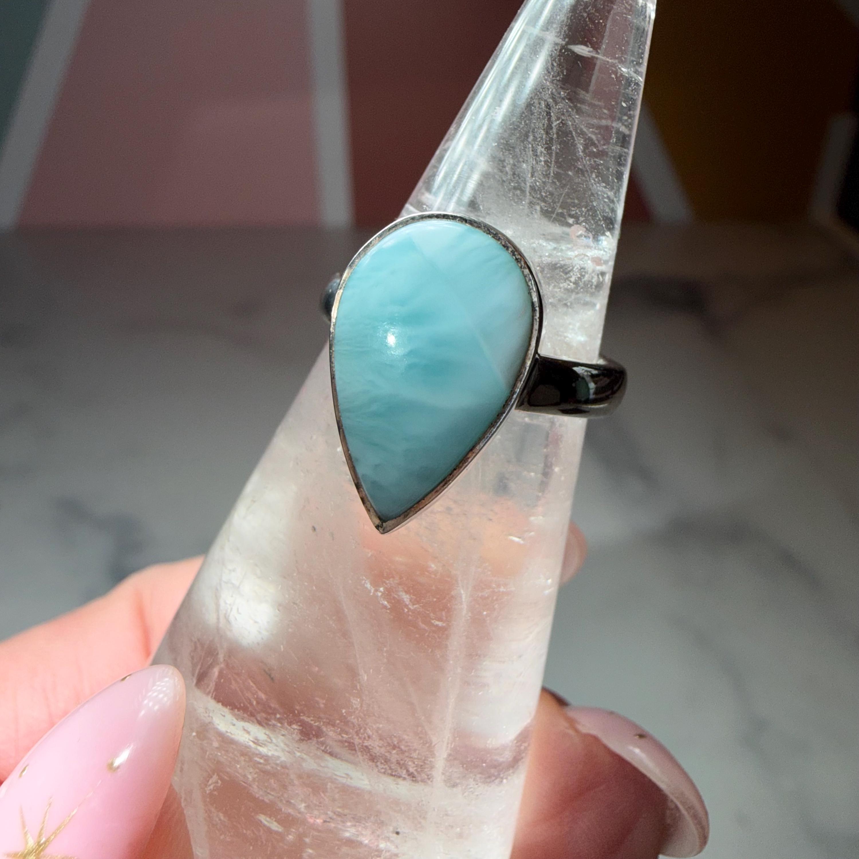 Larimar Tear Drop Ring, Sterling Silver Ocean Stone Statement Jewelry (size 7) 2
