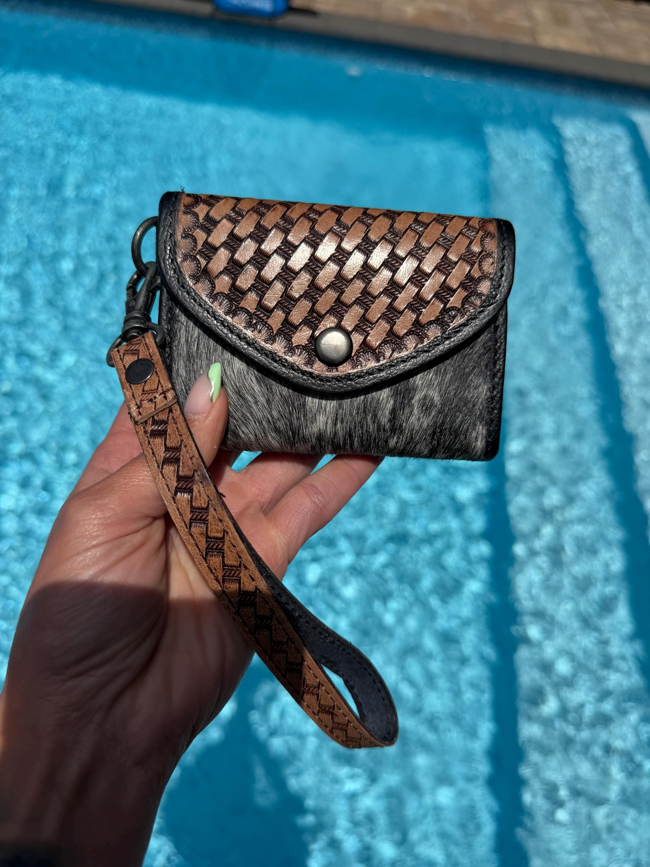 Hand-Tooled Brown Leather Hide Accordion Card Case | Snap Closure Wallet with Wrist Strap 6