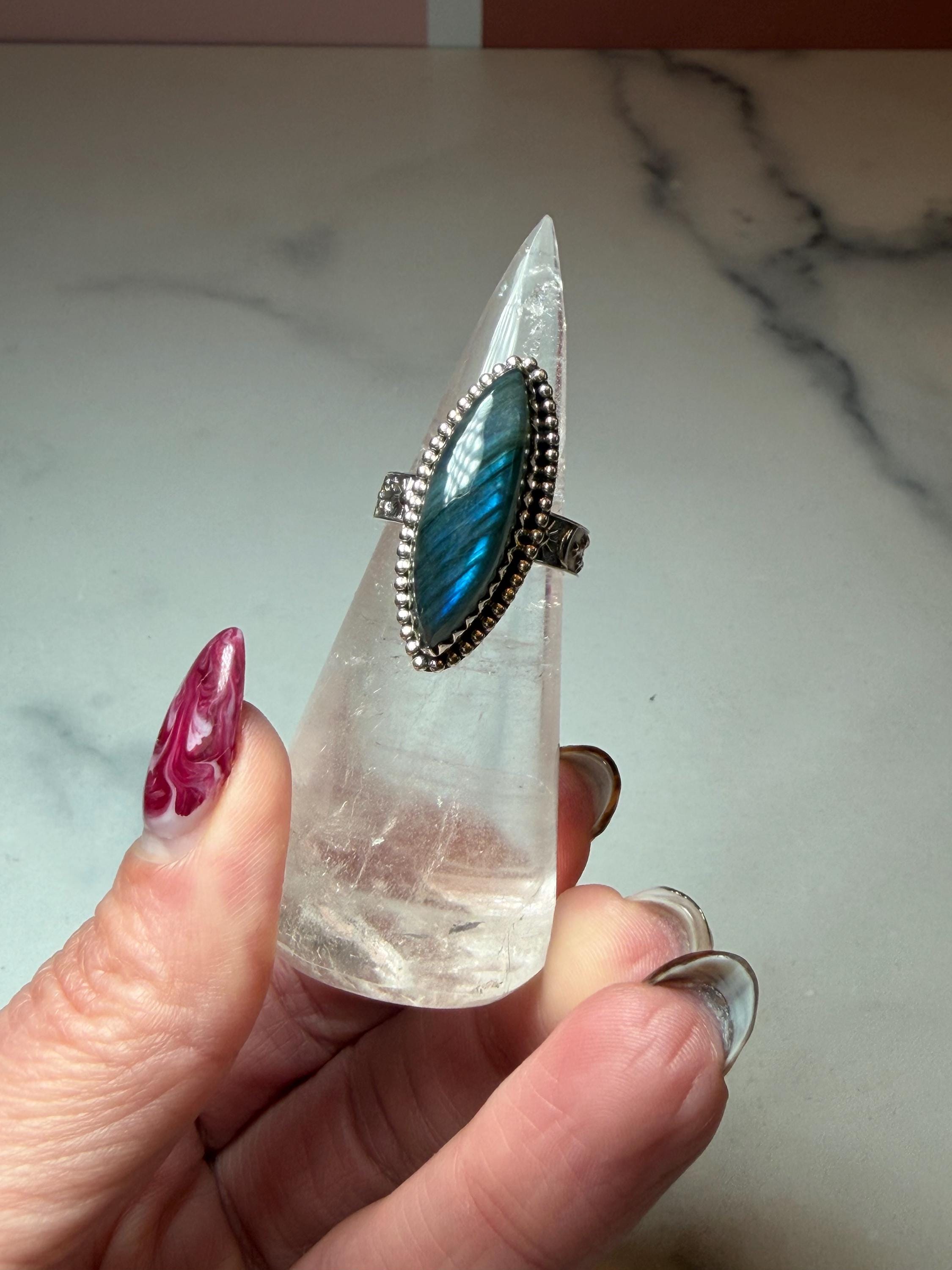 Marquis Labradorite Ring • Sterling Silver • Blue Green Flash Gemstone • Boho Statement Jewelry (size 6.5) 6