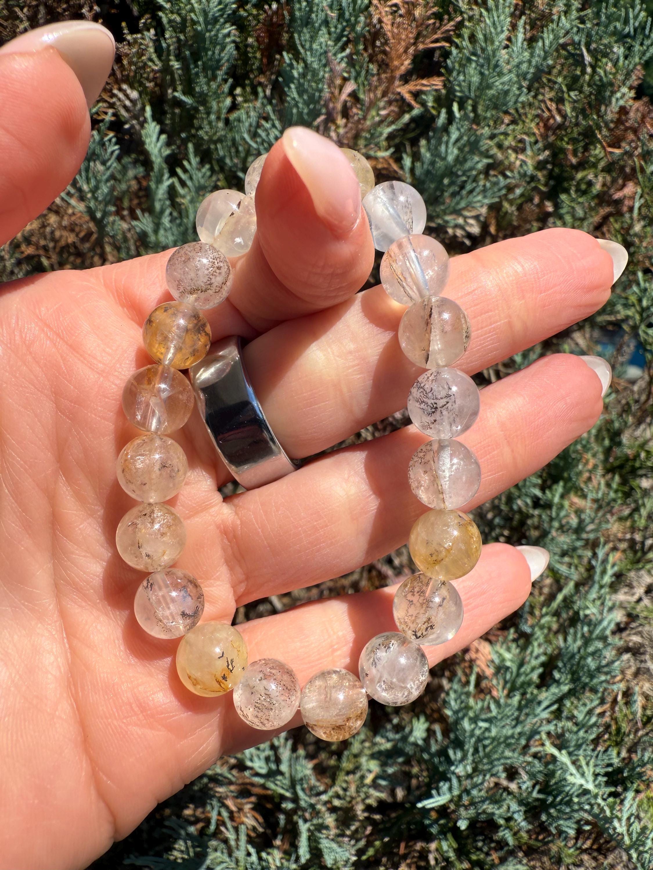 Dendritic Quartz with Gold Healer Inclusions Stretch Beaded Bracelet, Crystal Beaded Jewelry (9mm) 4