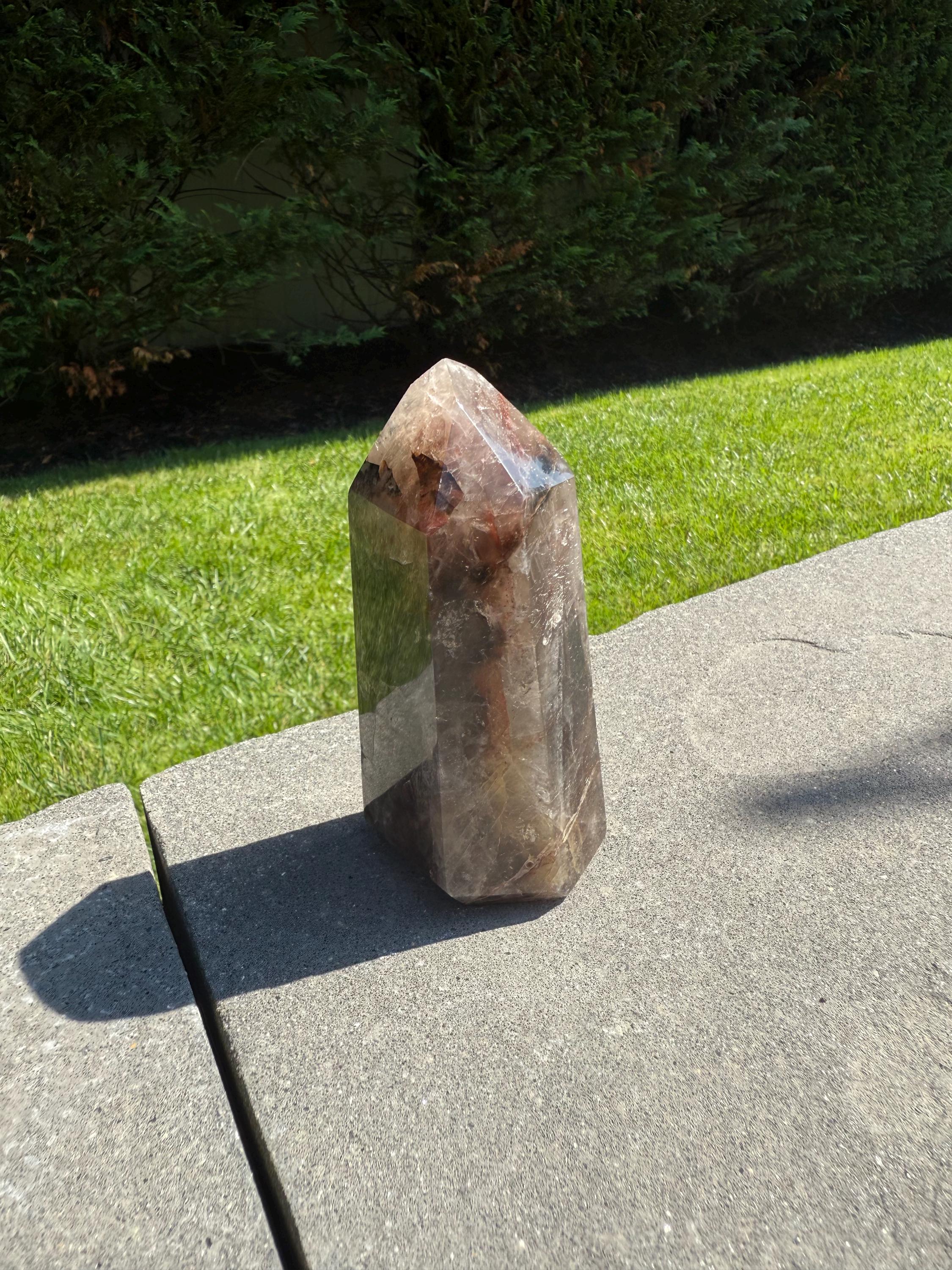 Fire Quartz & Smoky Quartz Crystal Tower from Madagascar: Grounding and Energizing Stone Point 10