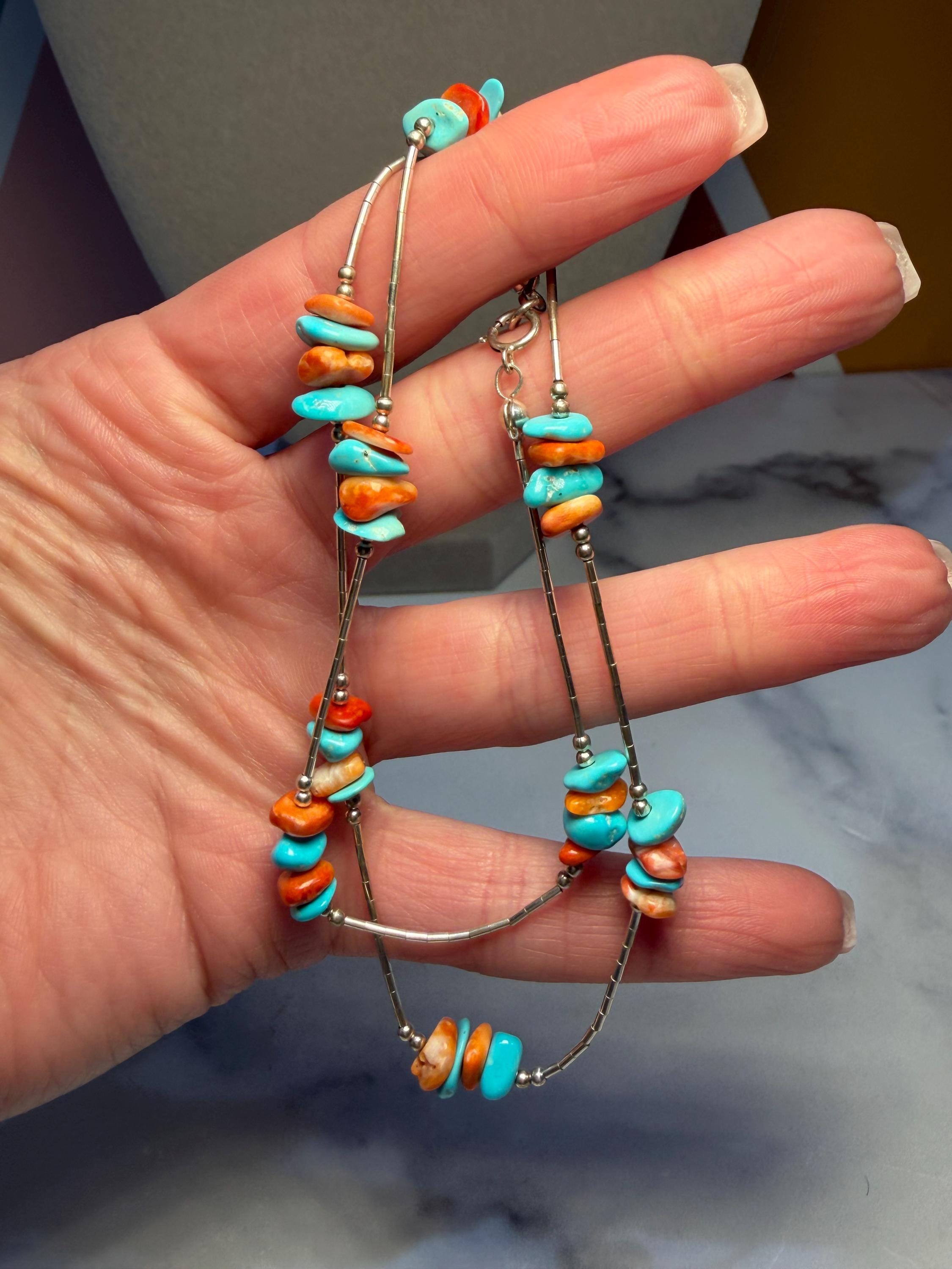 Liquid Silver Necklace Orange Spiny Oyster Turquoise Chips 925 Sterling Southwest (17.5 Inch) 2
