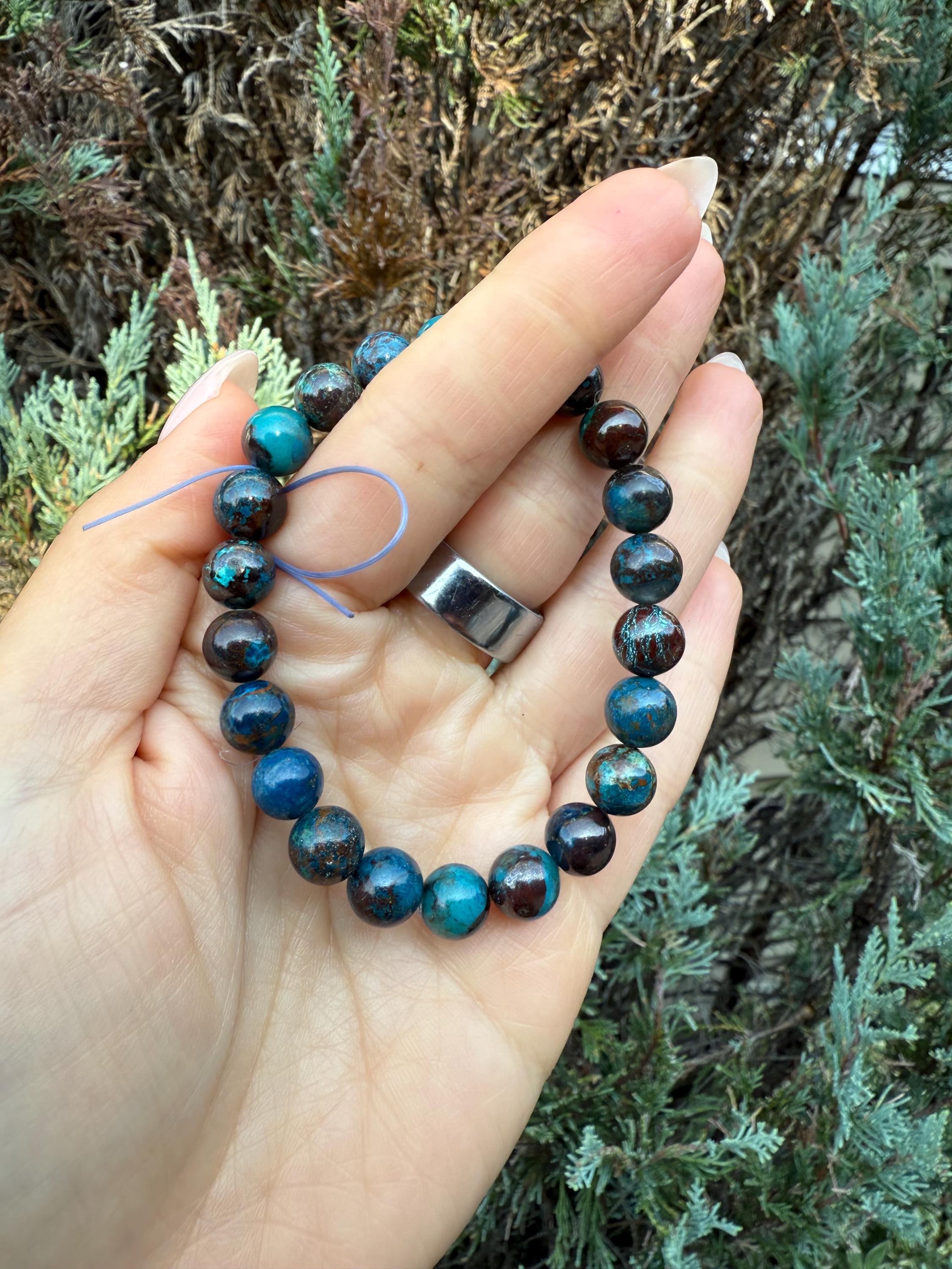 Azurite Chrysocolla Malachite Beaded Stretch Bracelet, Natural Gemstone Healing Jewelry 3