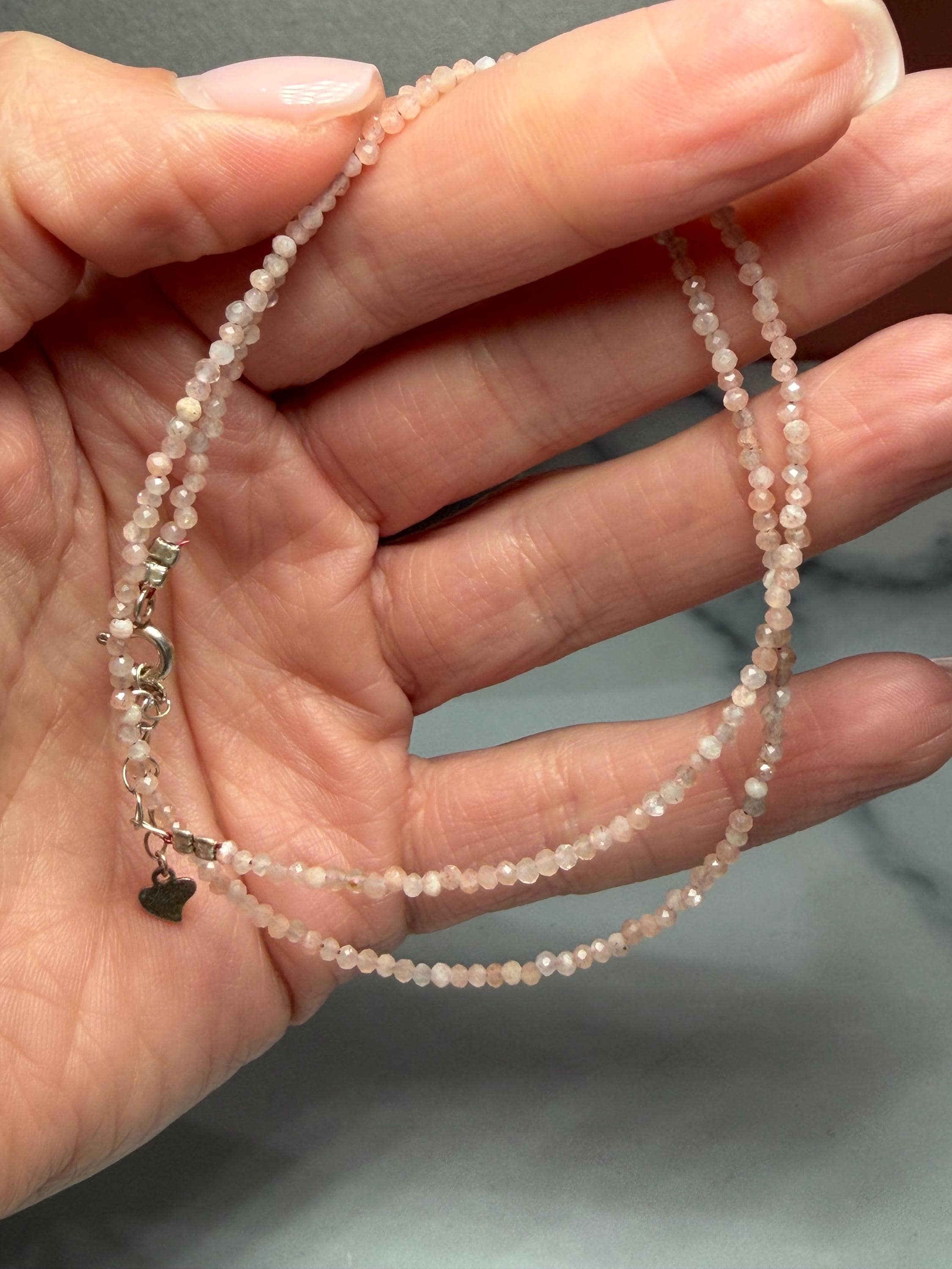 Faceted Sunstone Beaded Necklace, 925 Sterling Silver, Dainty Gemstone (15.5 Inch + 2 Inch Extender) 4