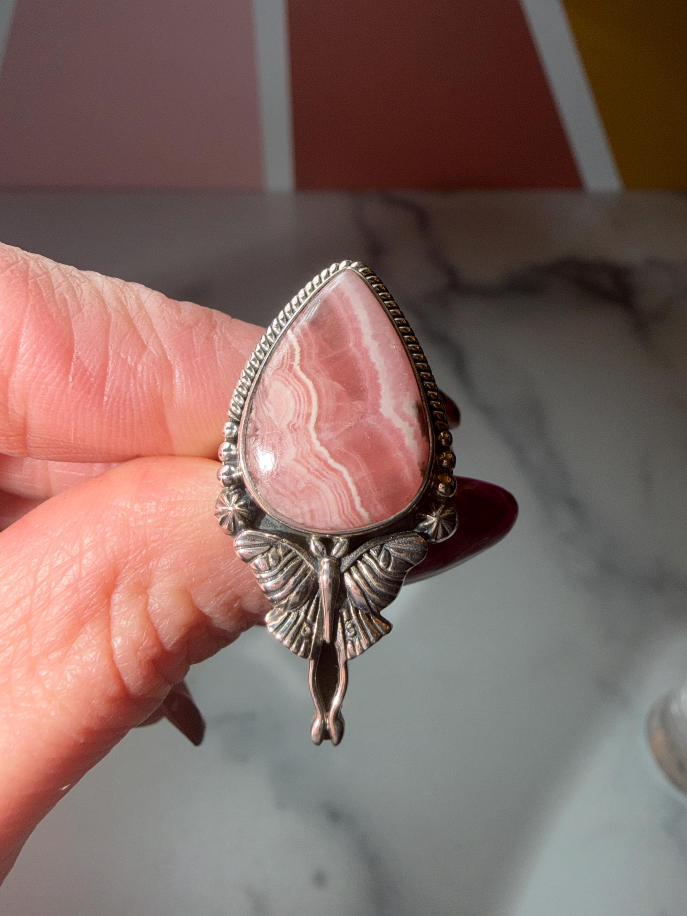 Rhodochrosite Luna Moth Ring • Sterling Silver Celestial Statement Jewelry (size 7) 6