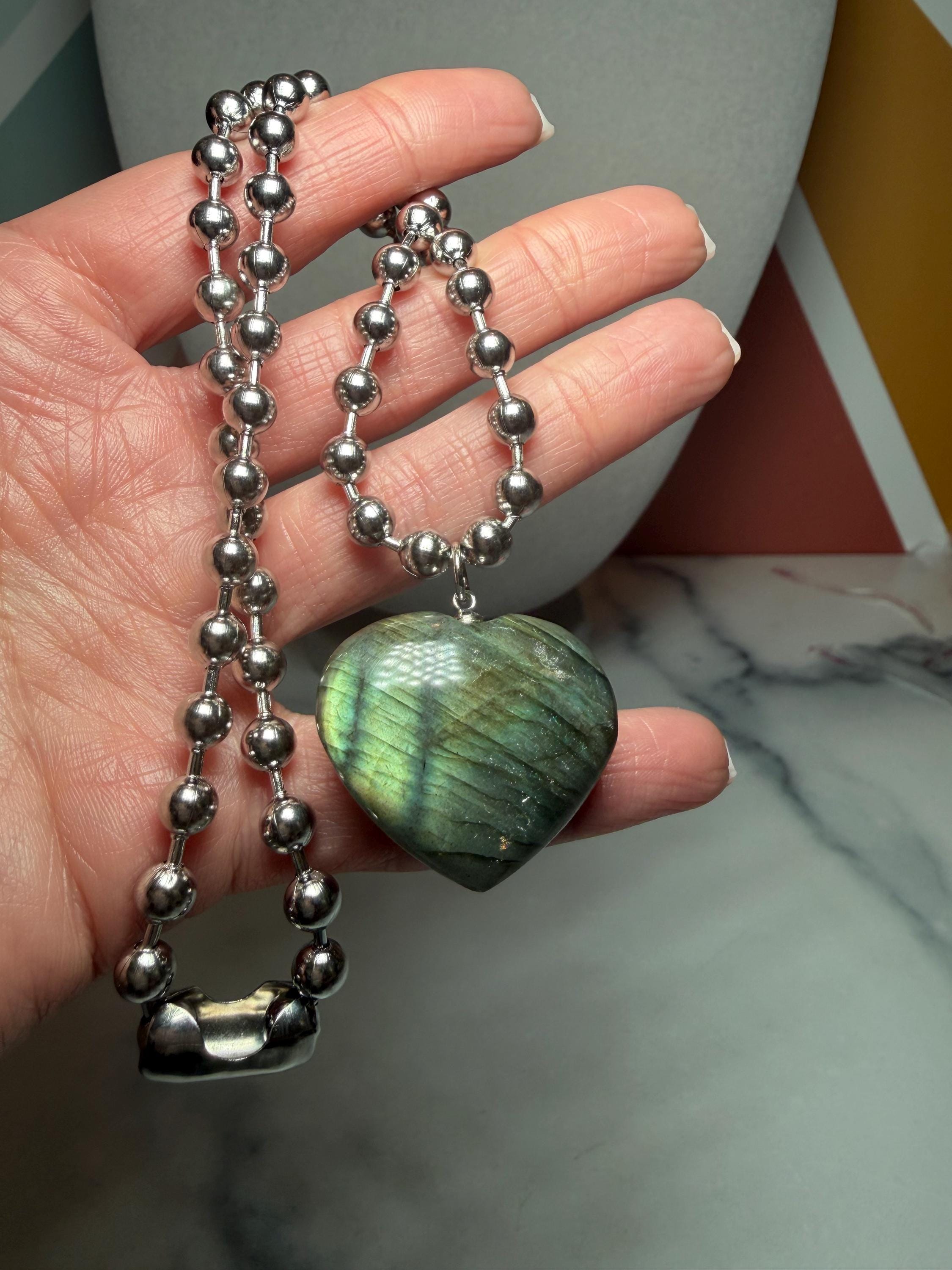Labradorite Heart Pendant Necklace, Sterling Silver Ball Chain, 17 Inch Gemstone Jewelry