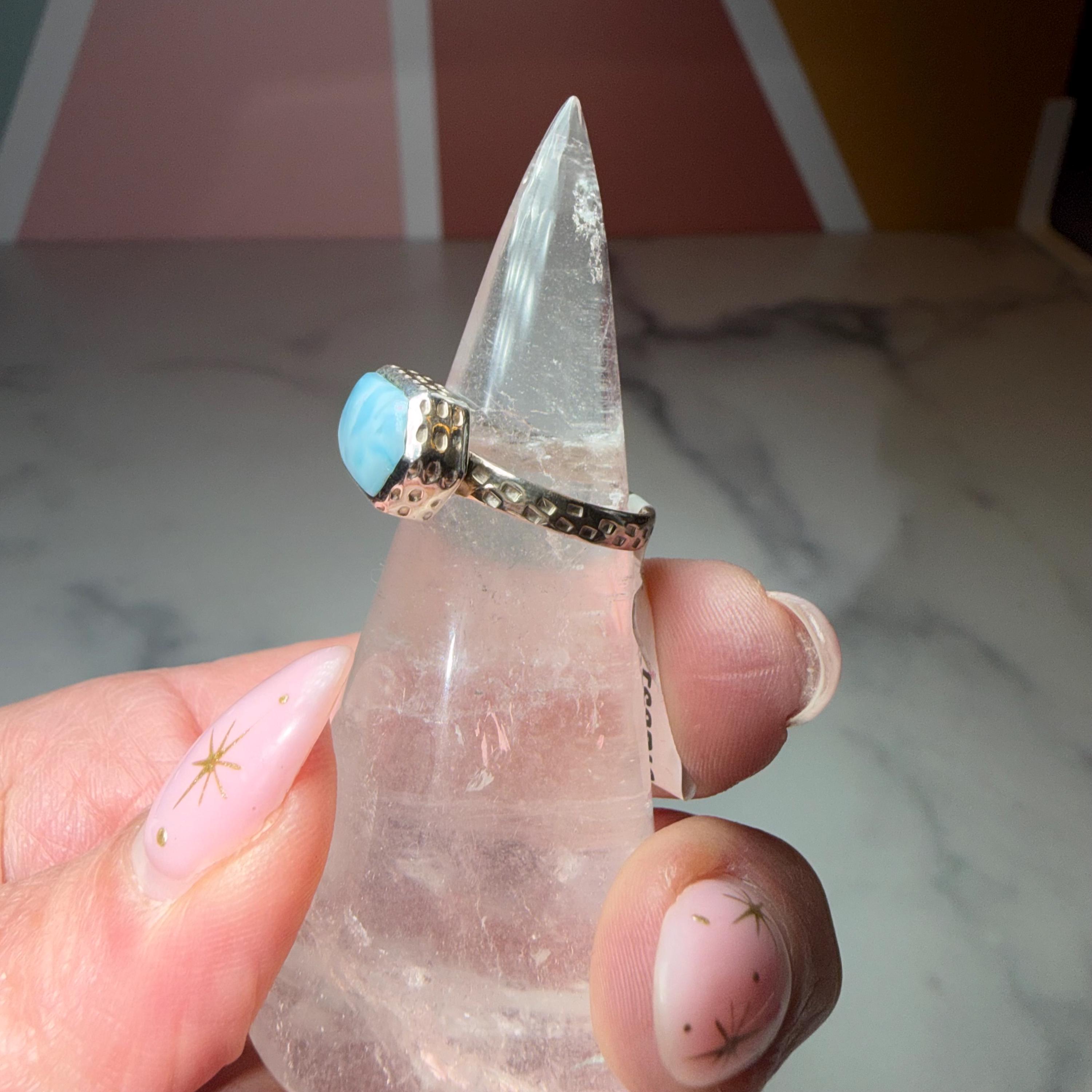 Larimar Ring, Sterling Silver Hammered Band, Ocean Stone Minimalist Jewelry, Size 6 4