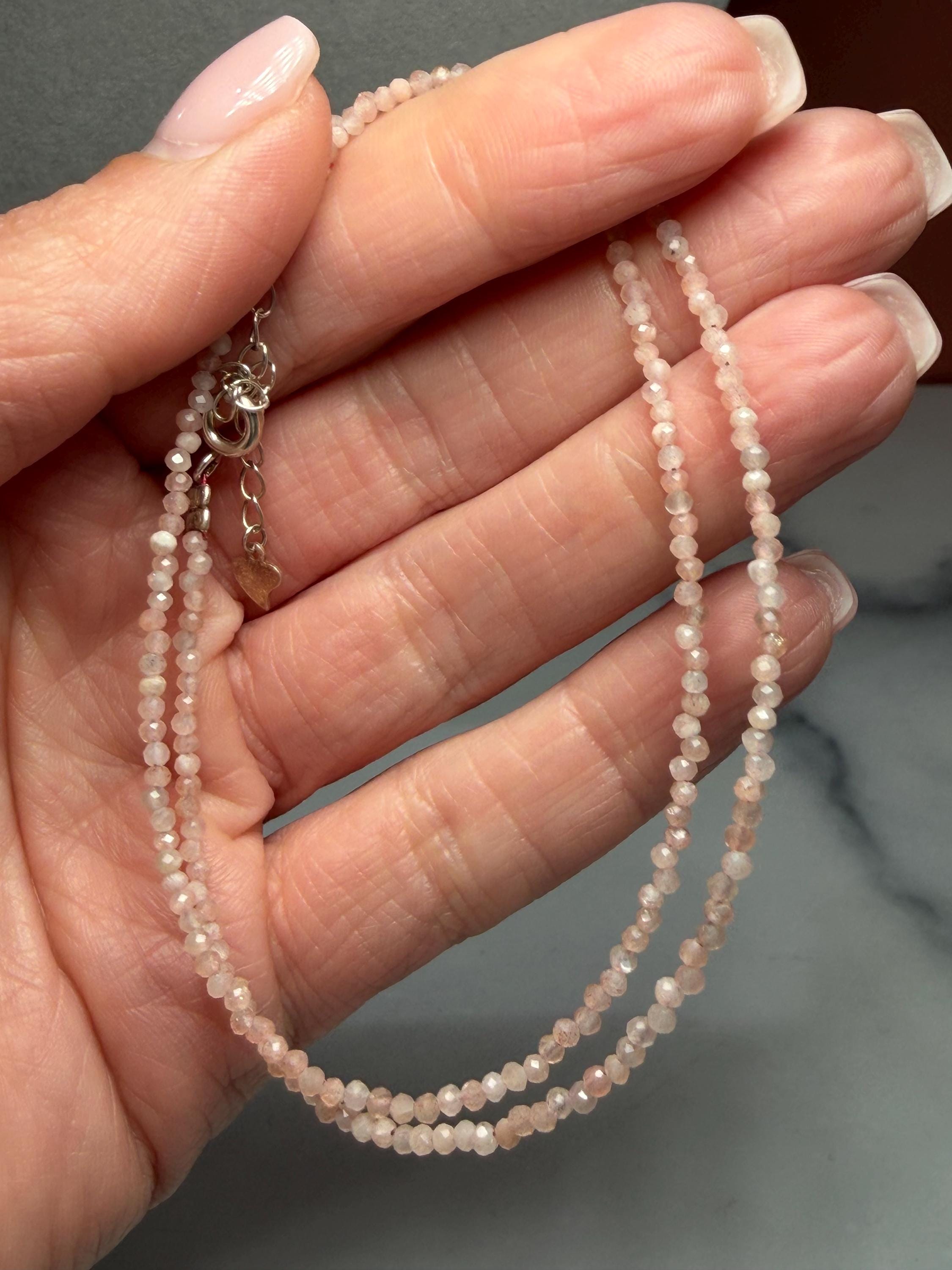 Faceted Sunstone Beaded Necklace, 925 Sterling Silver, Dainty Gemstone (15.5 Inch + 2 Inch Extender) 3