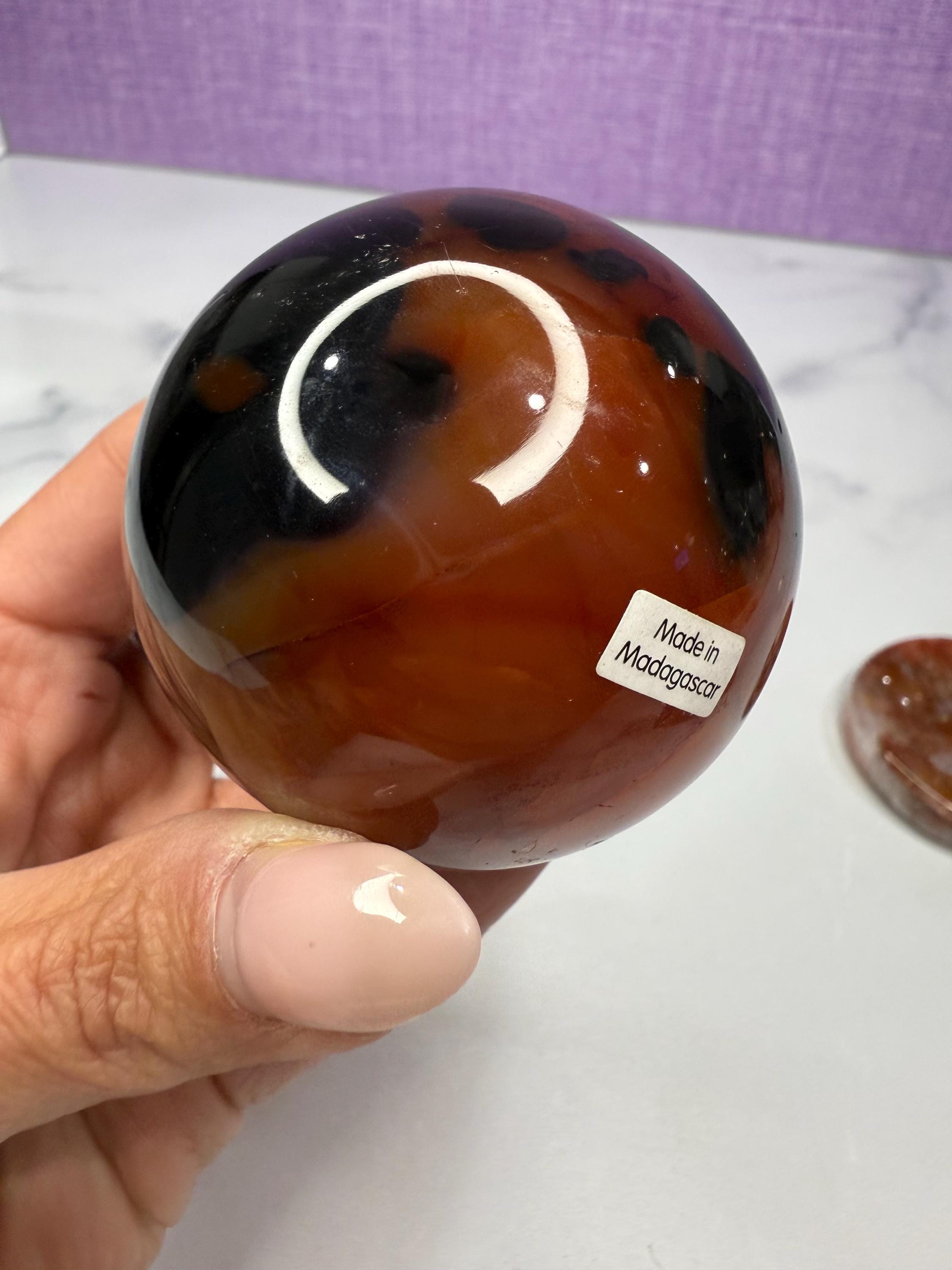 Dark Carnelian Agate Sphere • Druzy Crystal Orb, Madagascar Gemstone (61mm) 6