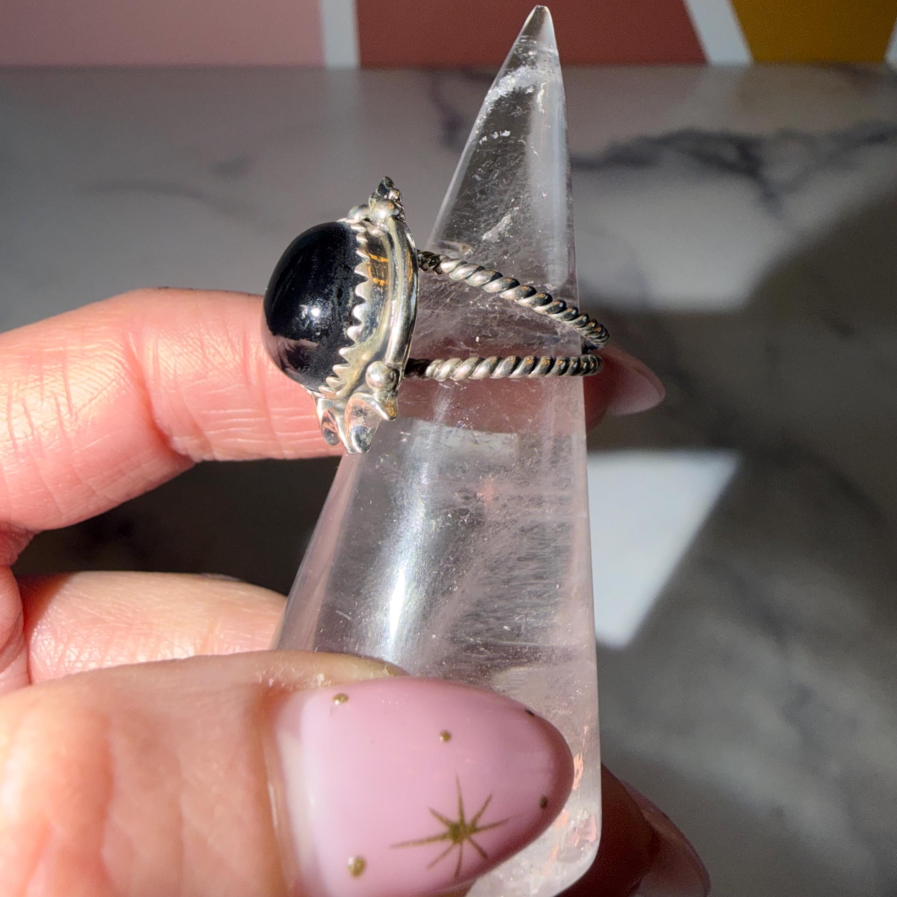 Black Onyx Celestial Ring • Sterling Silver Moon Star Statement Jewelry (size 6.5) 5