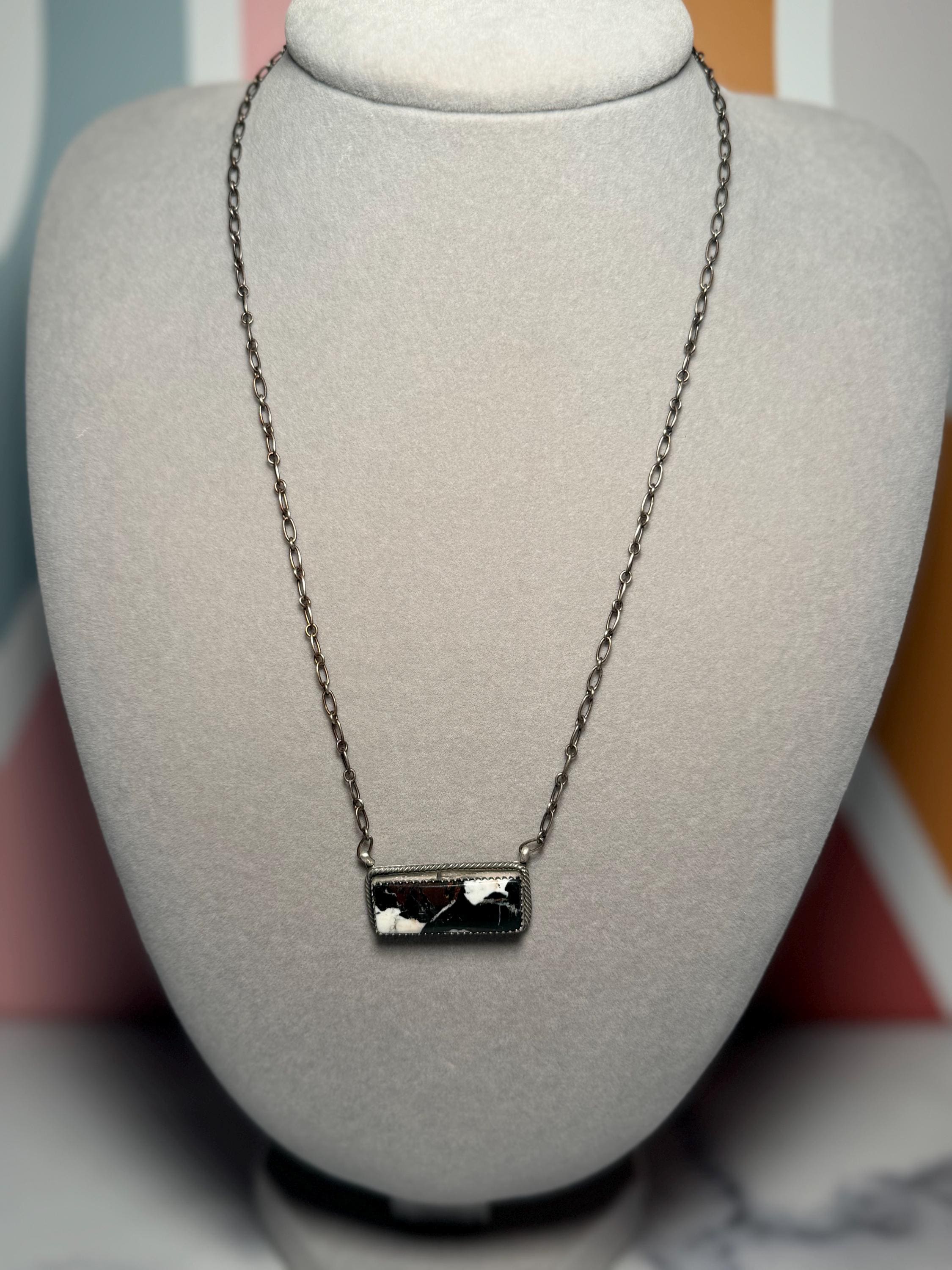 White Buffalo Bar Necklace, 19 Inch Sterling Silver, Native Stamped Statement Jewelry 5