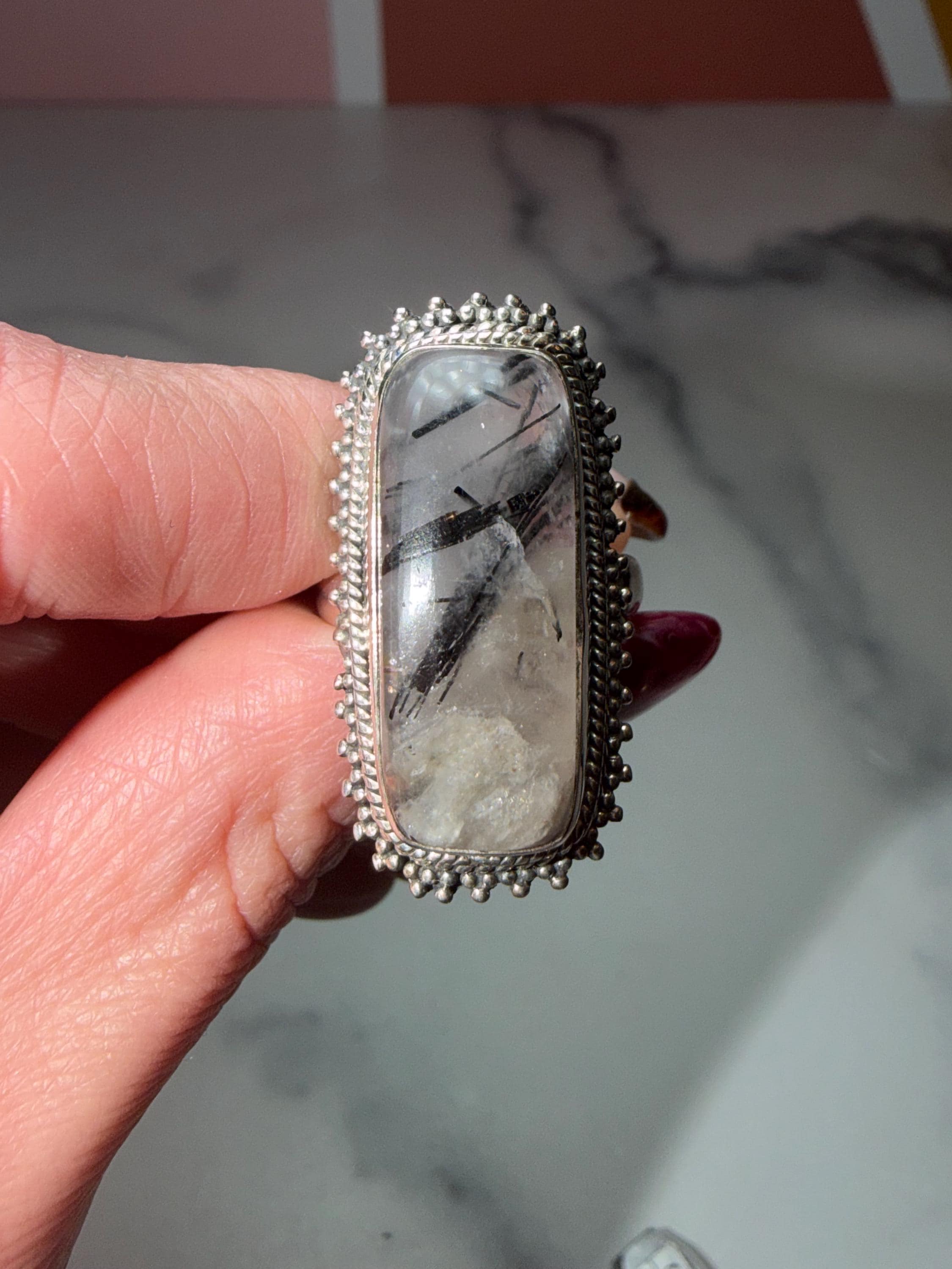Sterling Silver Tourmaline Quartz Ring • Size 7 Statement Gemstone Boho Jewelry 3