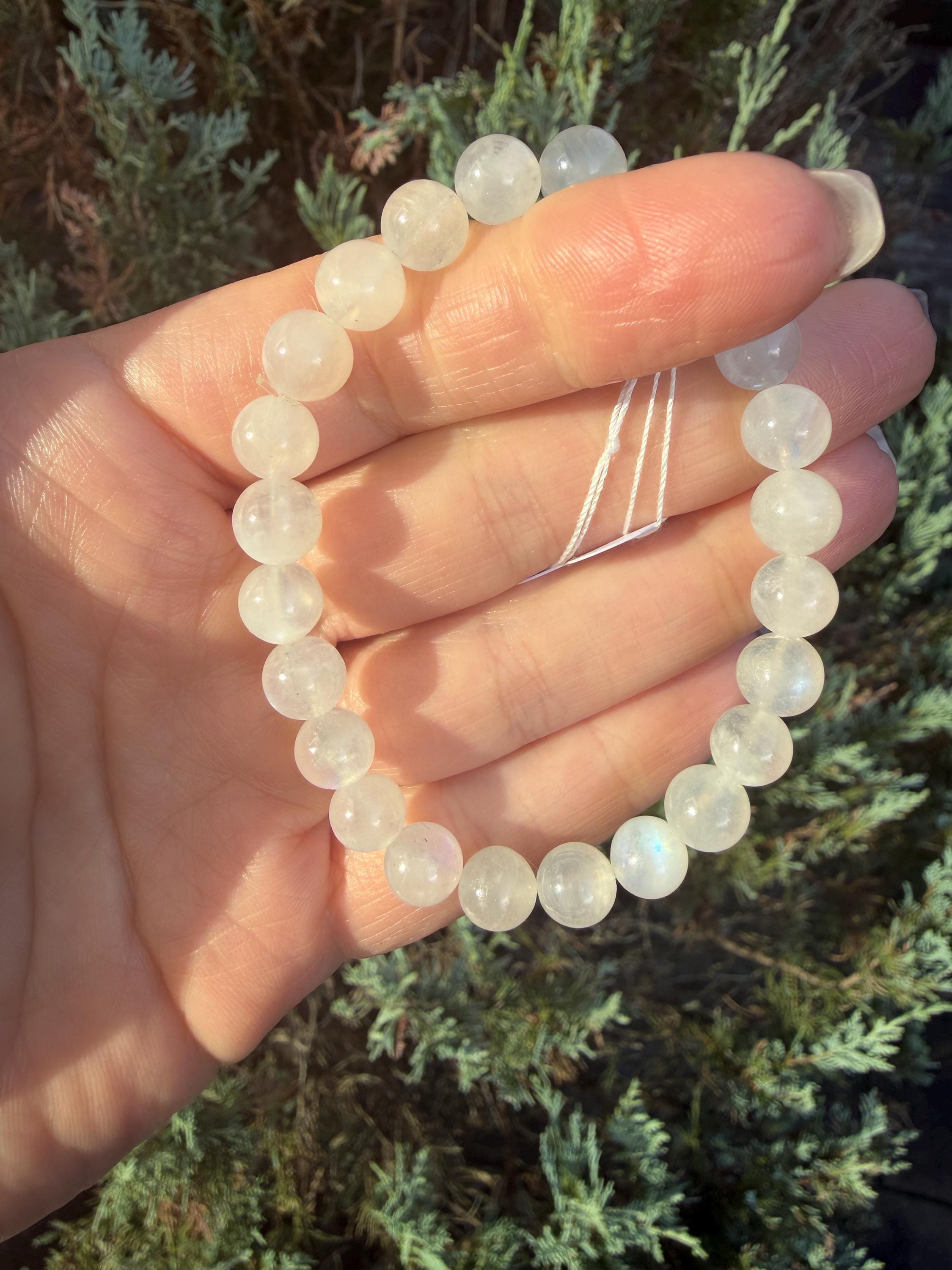 Flashy White Moonstone Beaded Bracelet • Crystal Healing Jewelry • Intuition & Feminine Energy 11