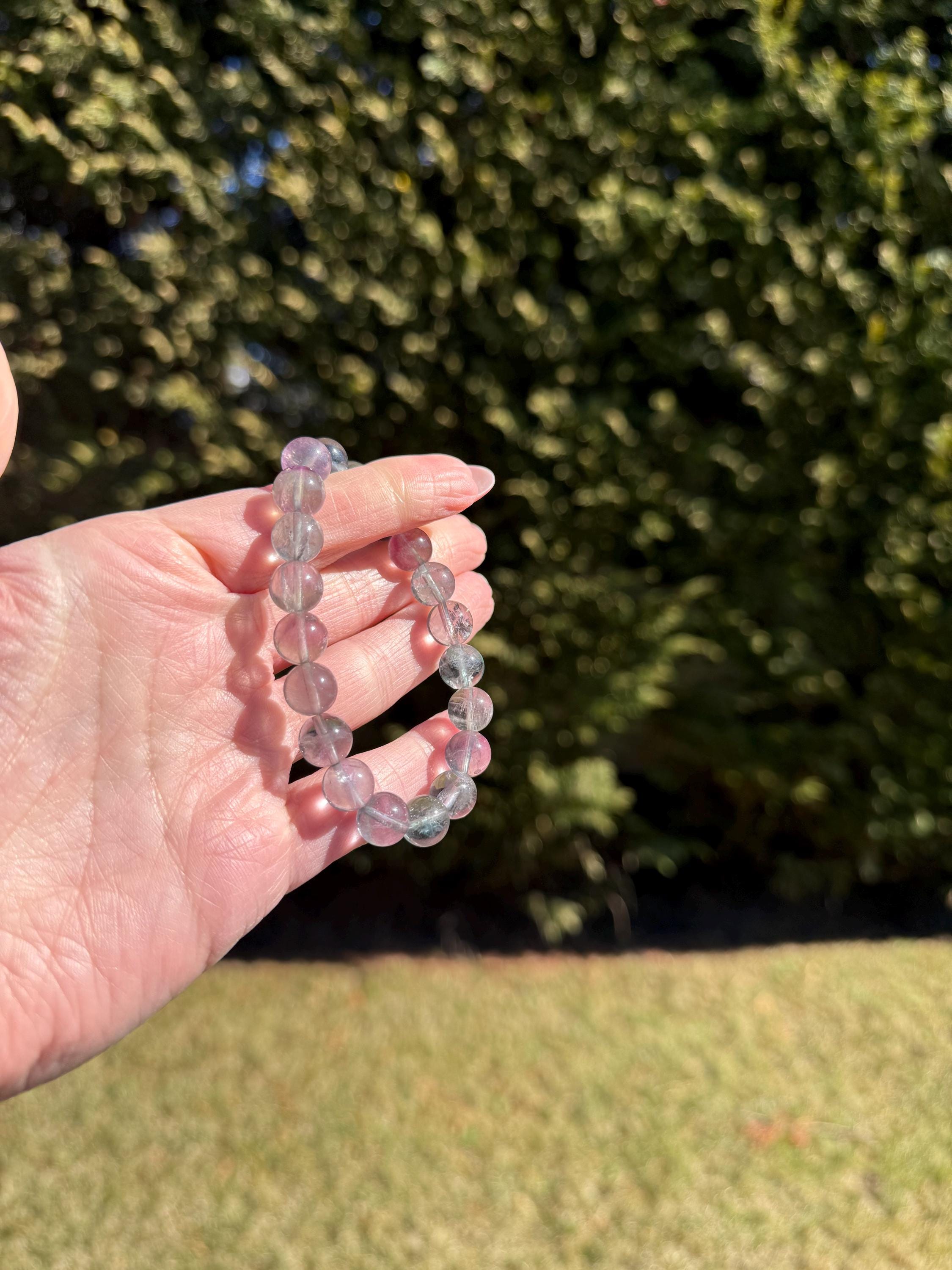 Banded Fluorite Crystal Beaded Stretch Bracelet • 9.5MM Purple Green Stone of Clarity, Intuition 10