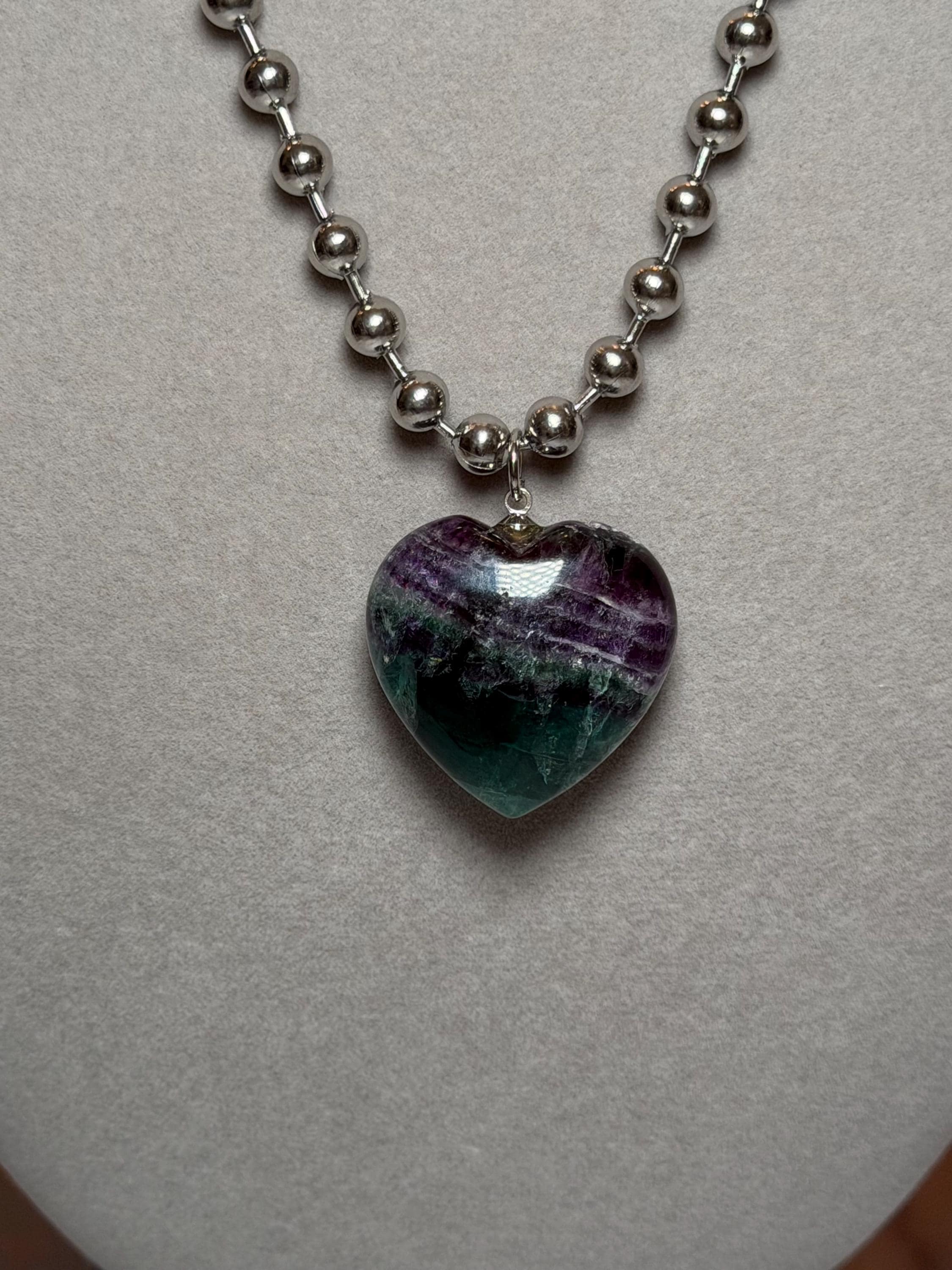 Fluorite Heart Necklace, Sterling Silver Ball Chain, Multicolor Gemstone Pendant 5