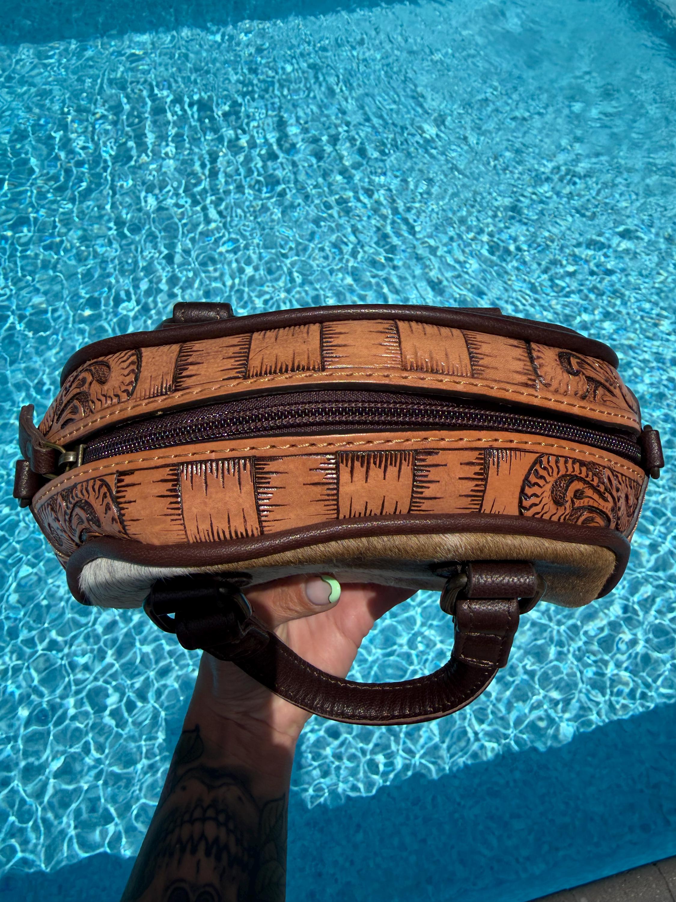 Hair-on Hide Tooled Leather Taco Bag | Western Crossbody Handbag, Rustic Style 4