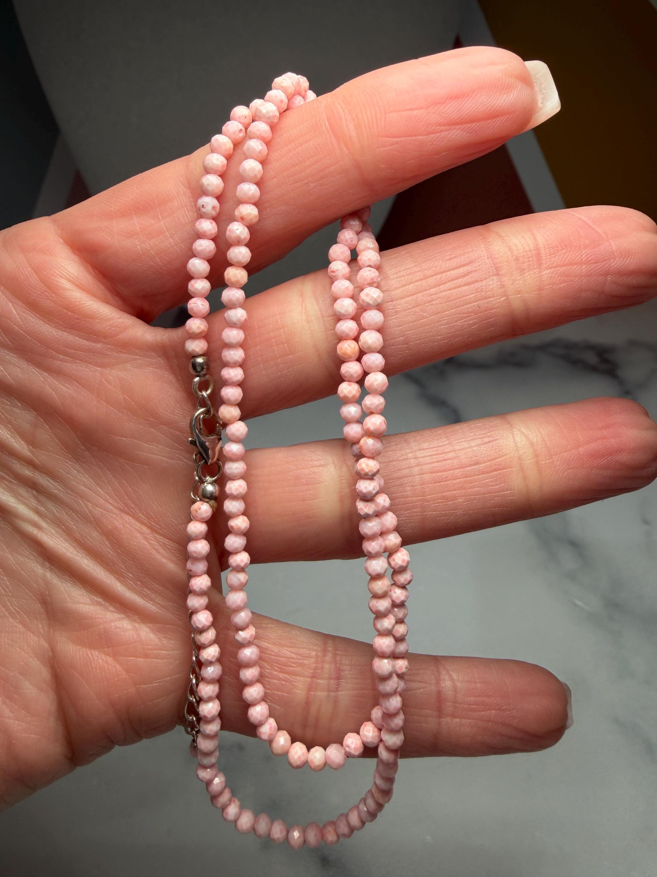 Dainty Pink Opal Beaded Necklace, Sterling Silver Chain, Adjustable Length 3