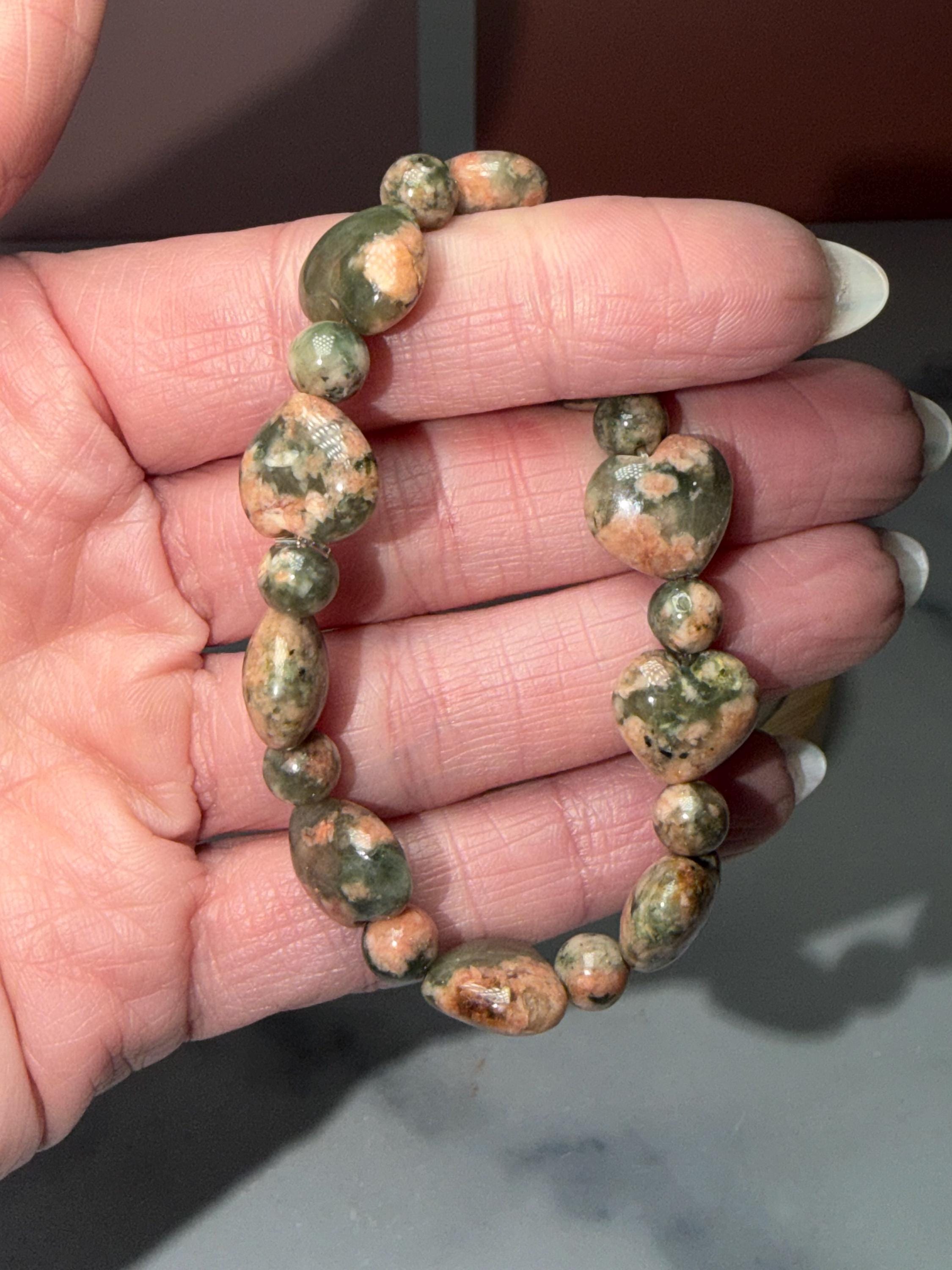 Orthoclase Heart Stretch Beaded Bracelet, Love Calm Emotional Balance Gemstone Jewelry
