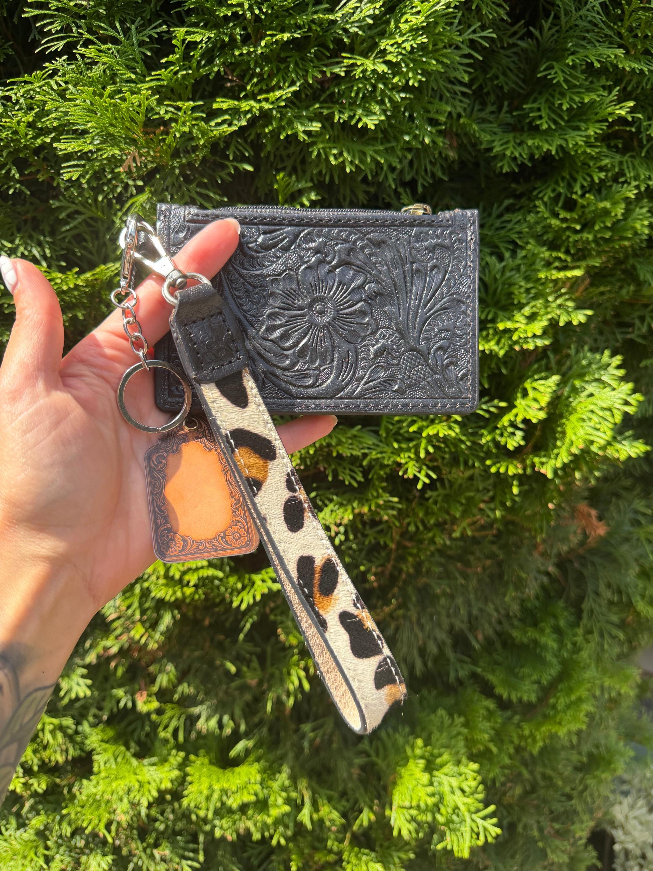 Leopard Cowhide & Tooled Leather Wristlet Wallet 5