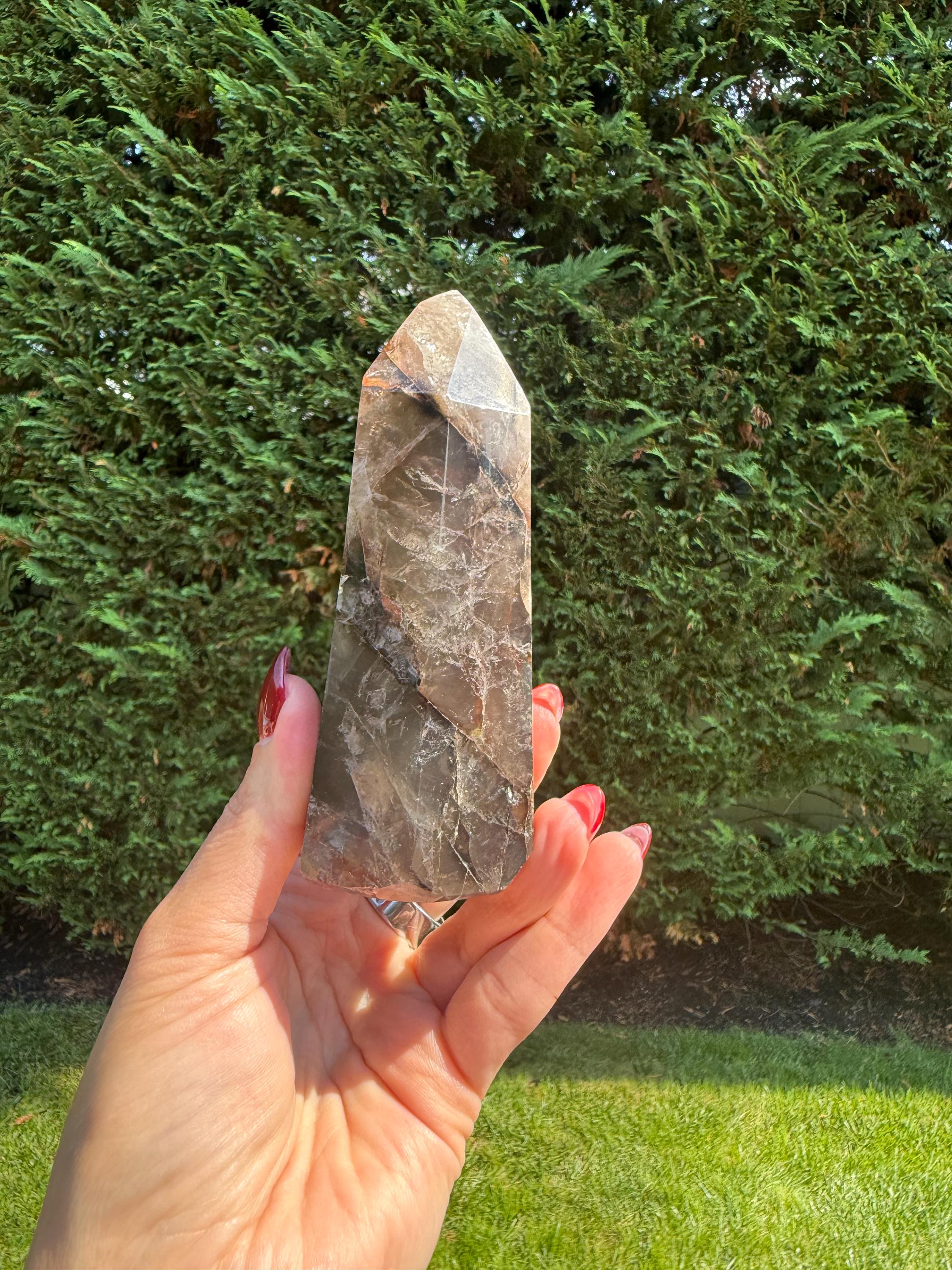Fire Quartz & Smoky Quartz Crystal Tower from Madagascar: Grounding and Energizing Stone Point 4