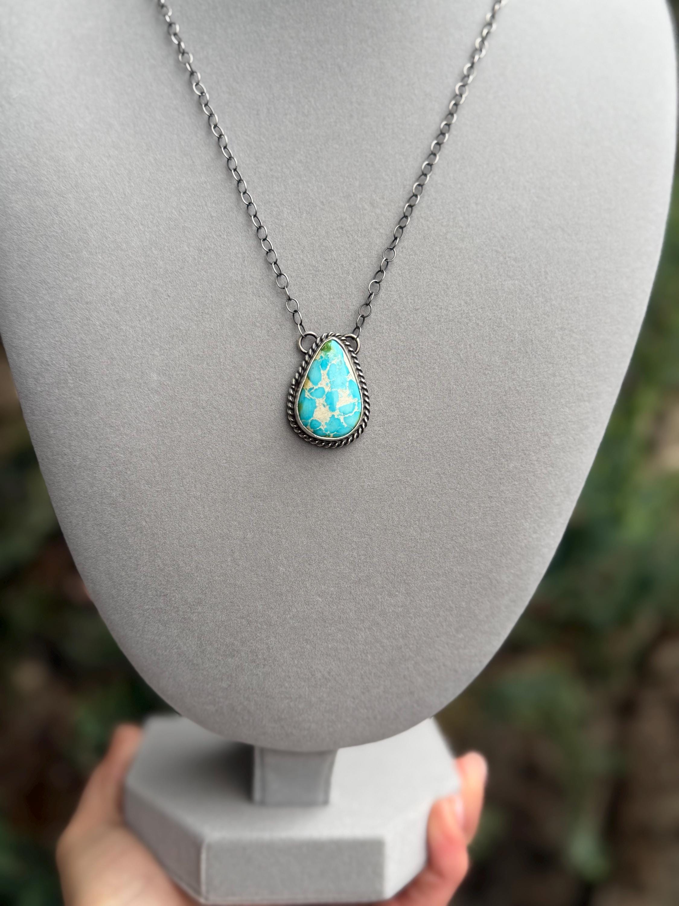 Sonoran Gold Turquoise Teardrop Bar Necklace, Sterling Silver, Southwest Artisan Stamped, 19.5 Inch Chain 8