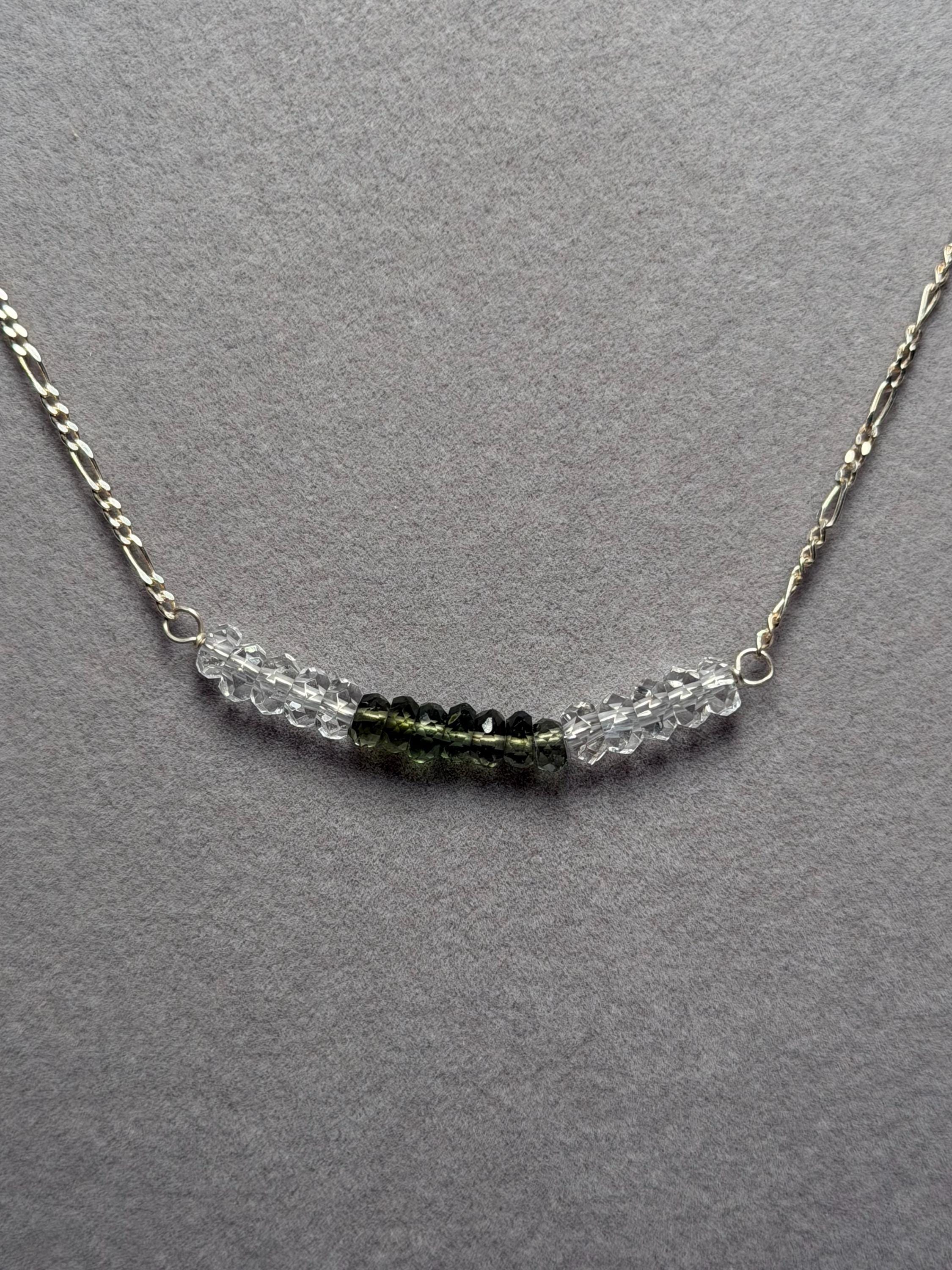 Faceted Moldavite Herkimer Diamond Rondelle Necklace, Sterling Silver Chain (16 Inch + 2 Inch Extender) 2