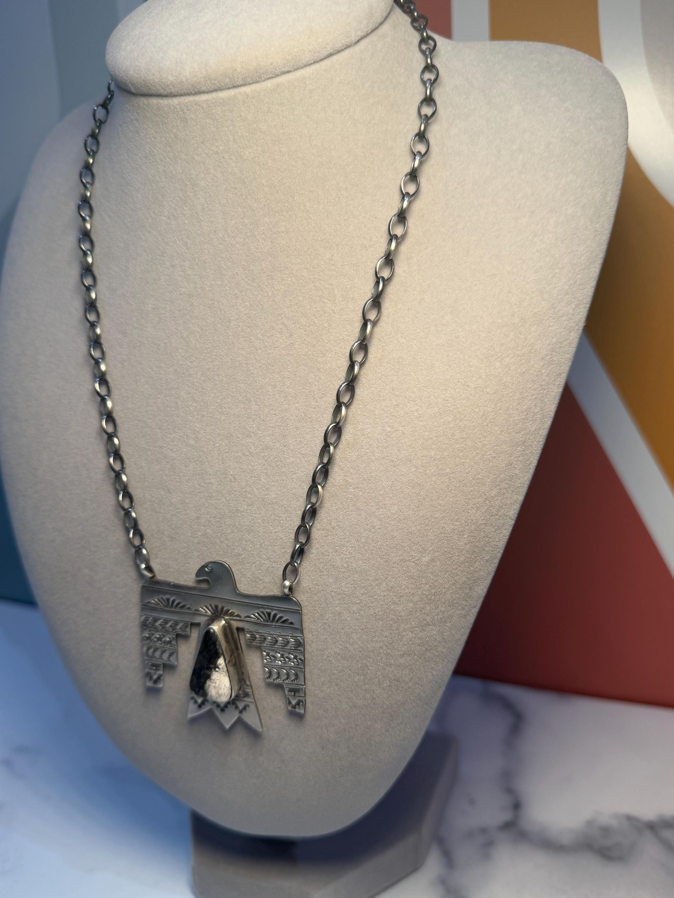 Sterling Silver Thunderbird Necklace, White Buffalo Stone, Southwest Pendant, Rick Enriquez, 18" Chain 4