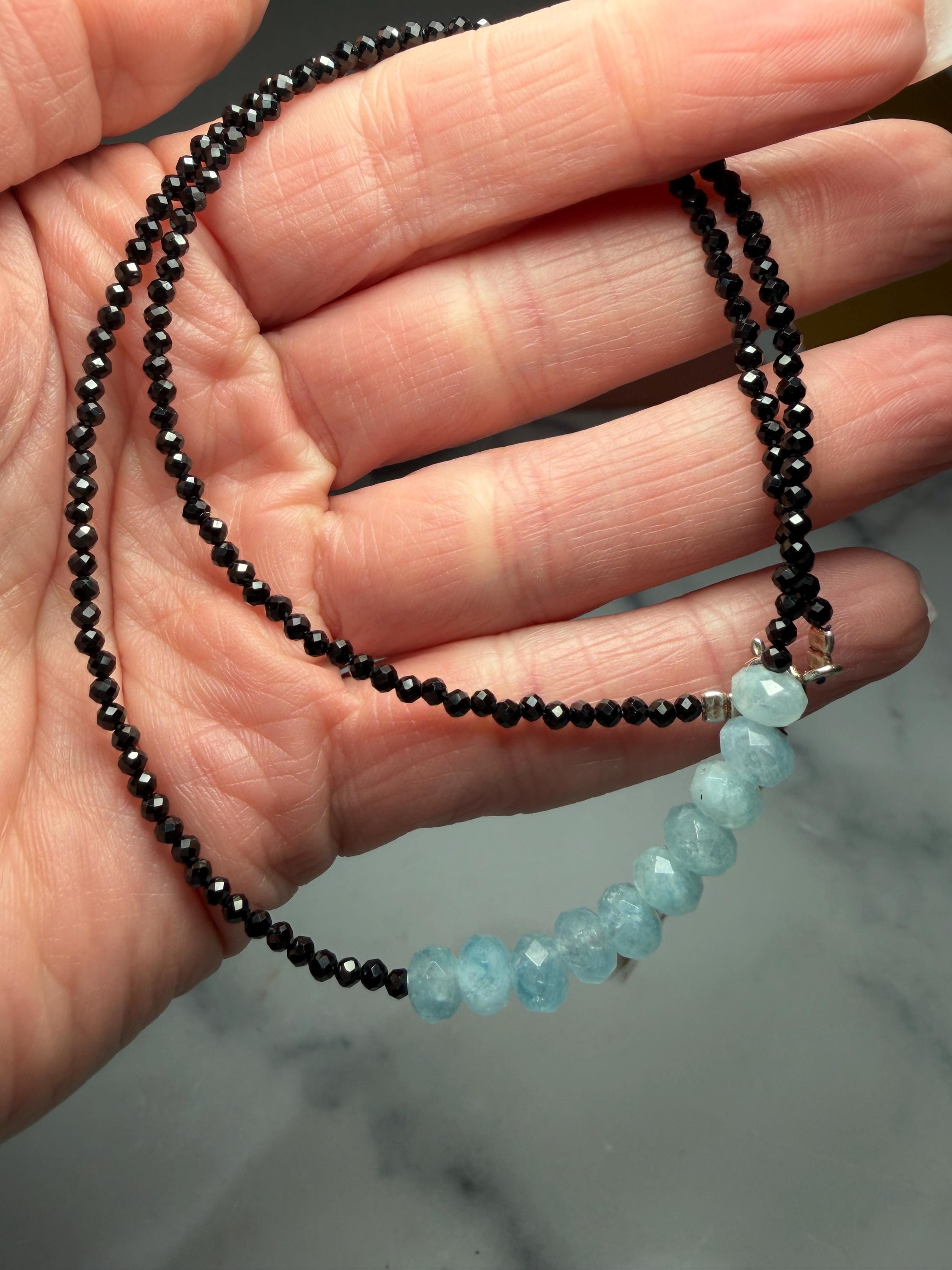 Faceted Black Spinel Aquamarine Sterling Silver Necklace (16 Inch + 2 Inch Extender) 5