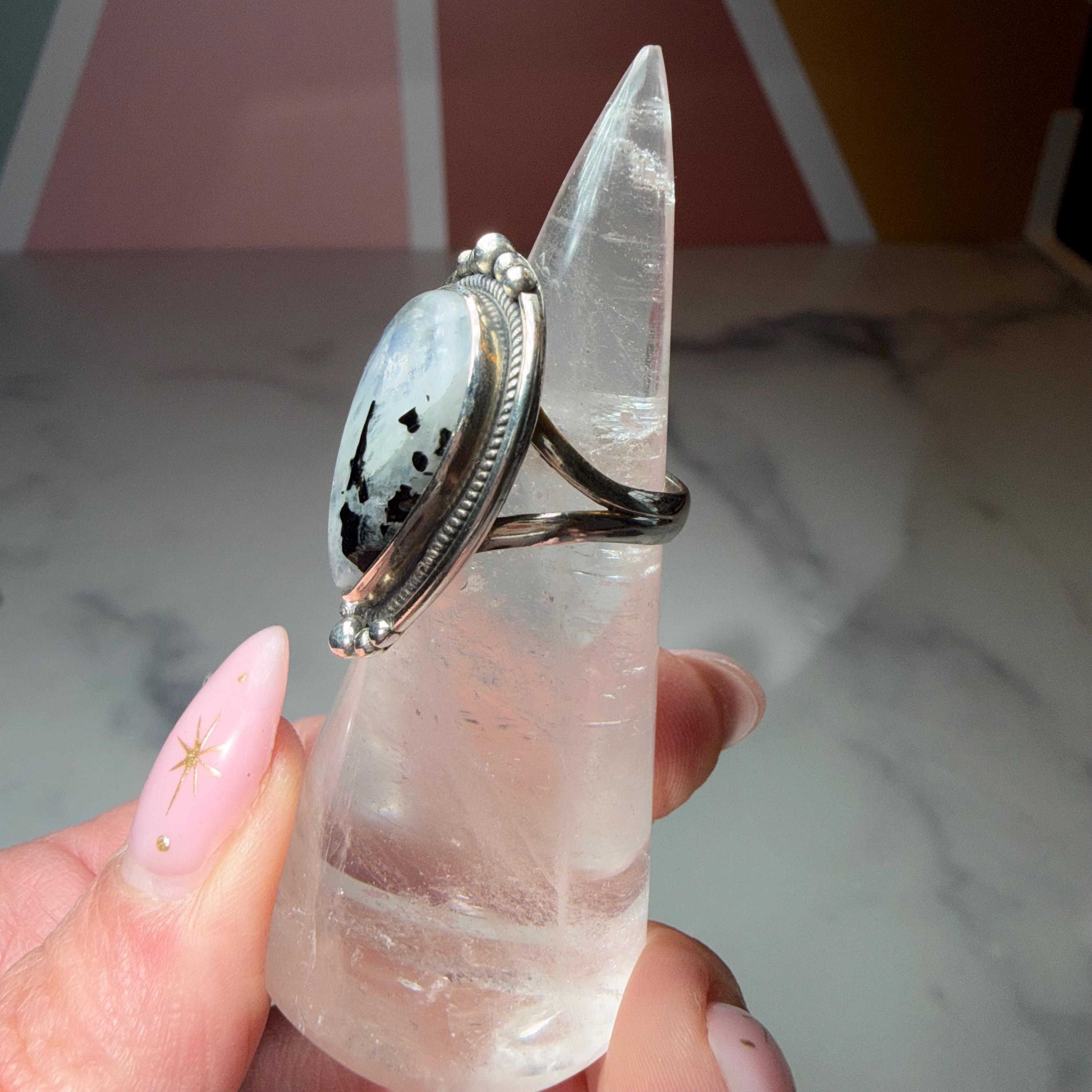 Large Rainbow Moonstone Tear Drop Ring, Sterling Silver Statement Ring, Size 6 4