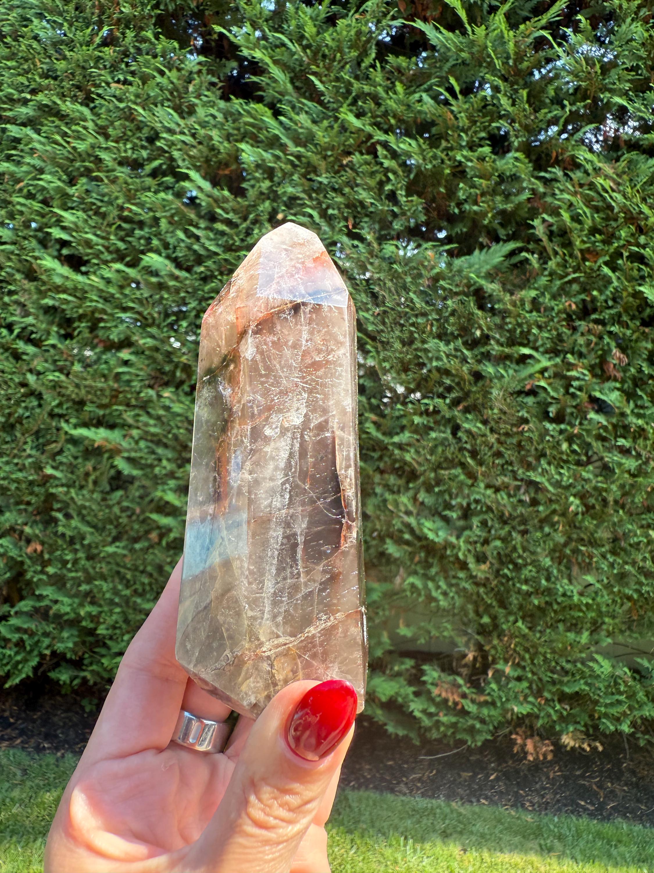 Fire Quartz & Smoky Quartz Crystal Tower from Madagascar: Grounding and Energizing Stone Point 5