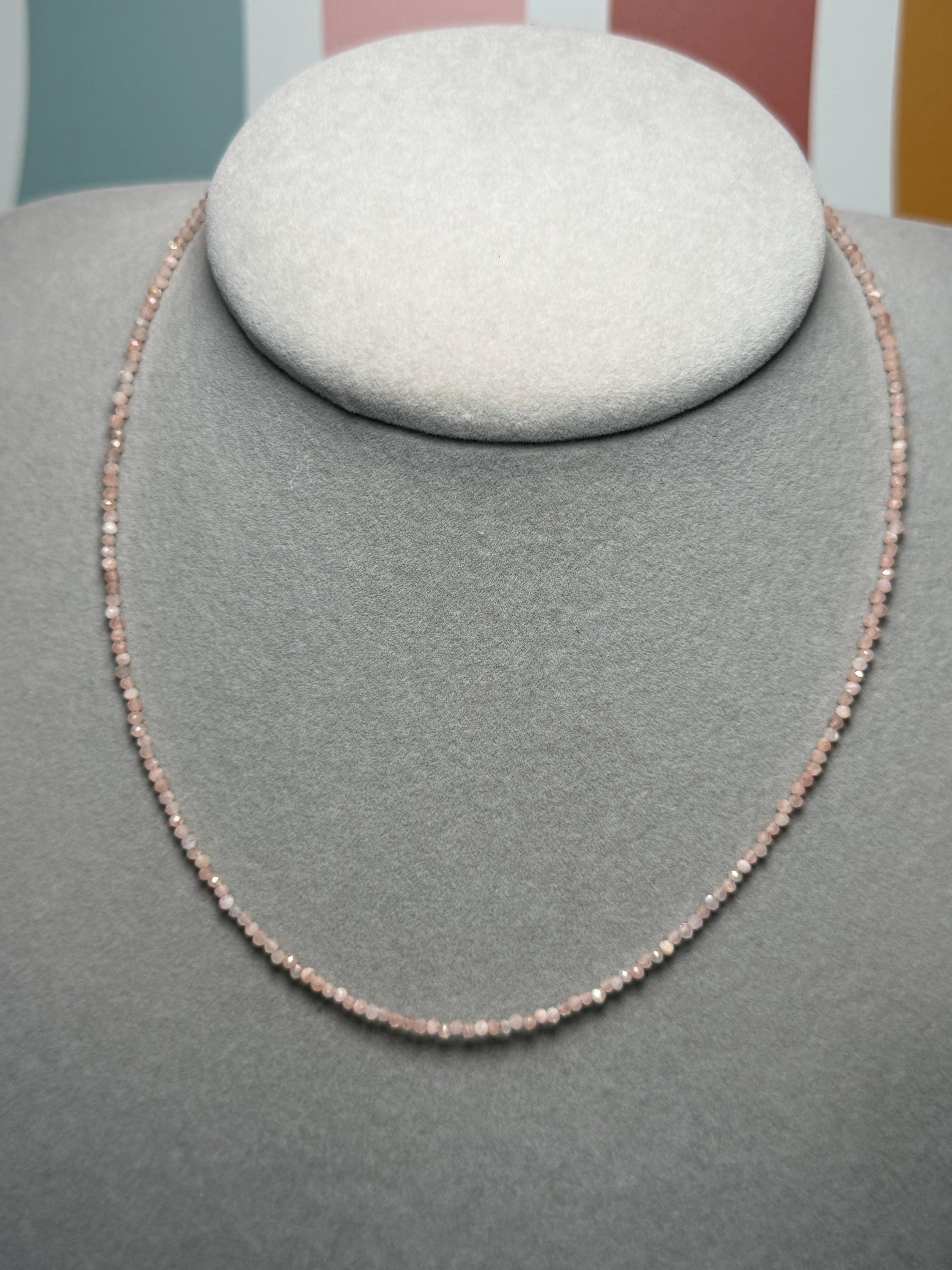 Faceted Sunstone Beaded Necklace, 925 Sterling Silver, Dainty Gemstone (15.5 Inch + 2 Inch Extender) 2