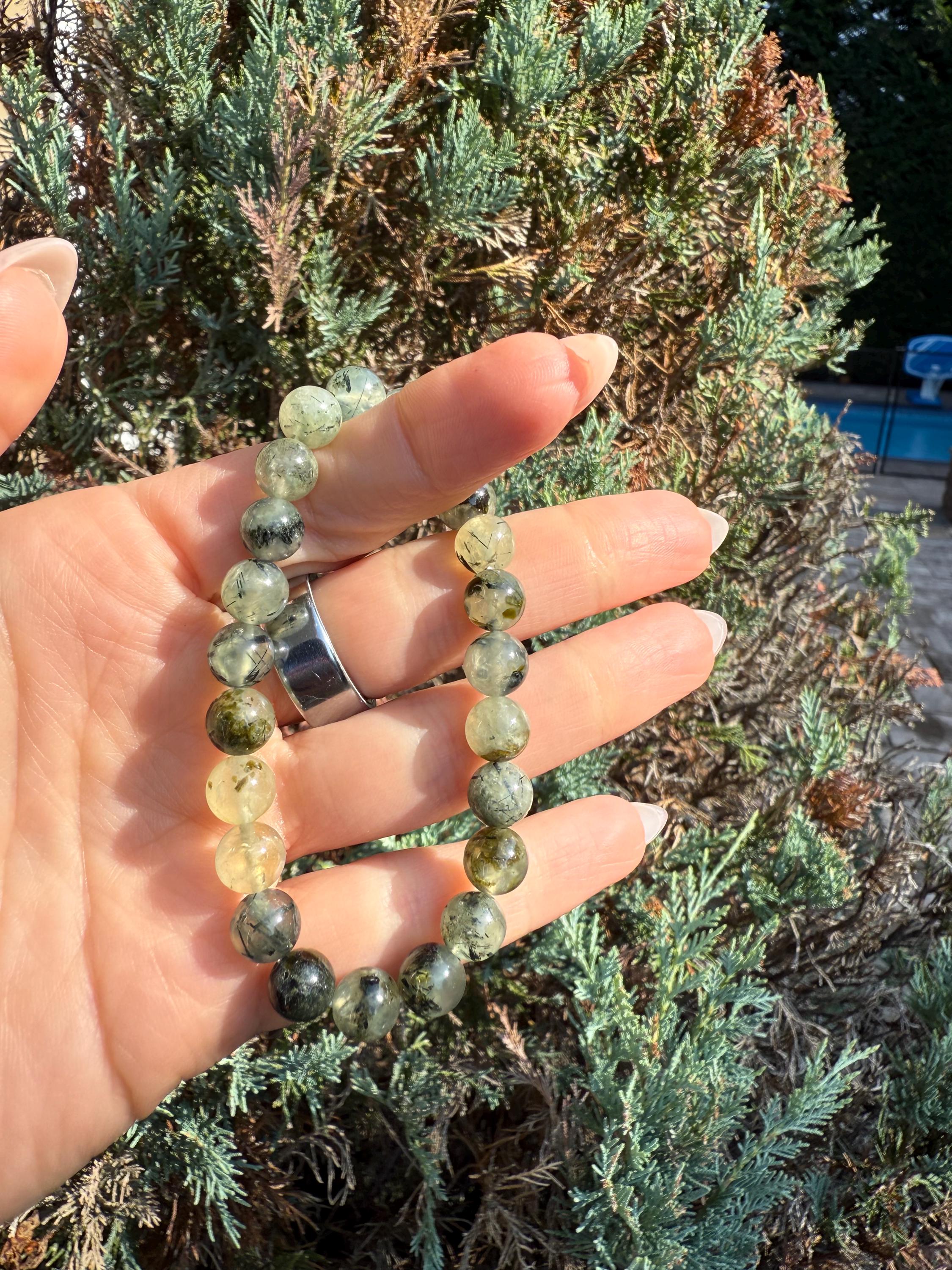 Prehnite & Epidote Crystal Beaded Stretch Bracelet: Natural Gemstone, Heart Chakra 7