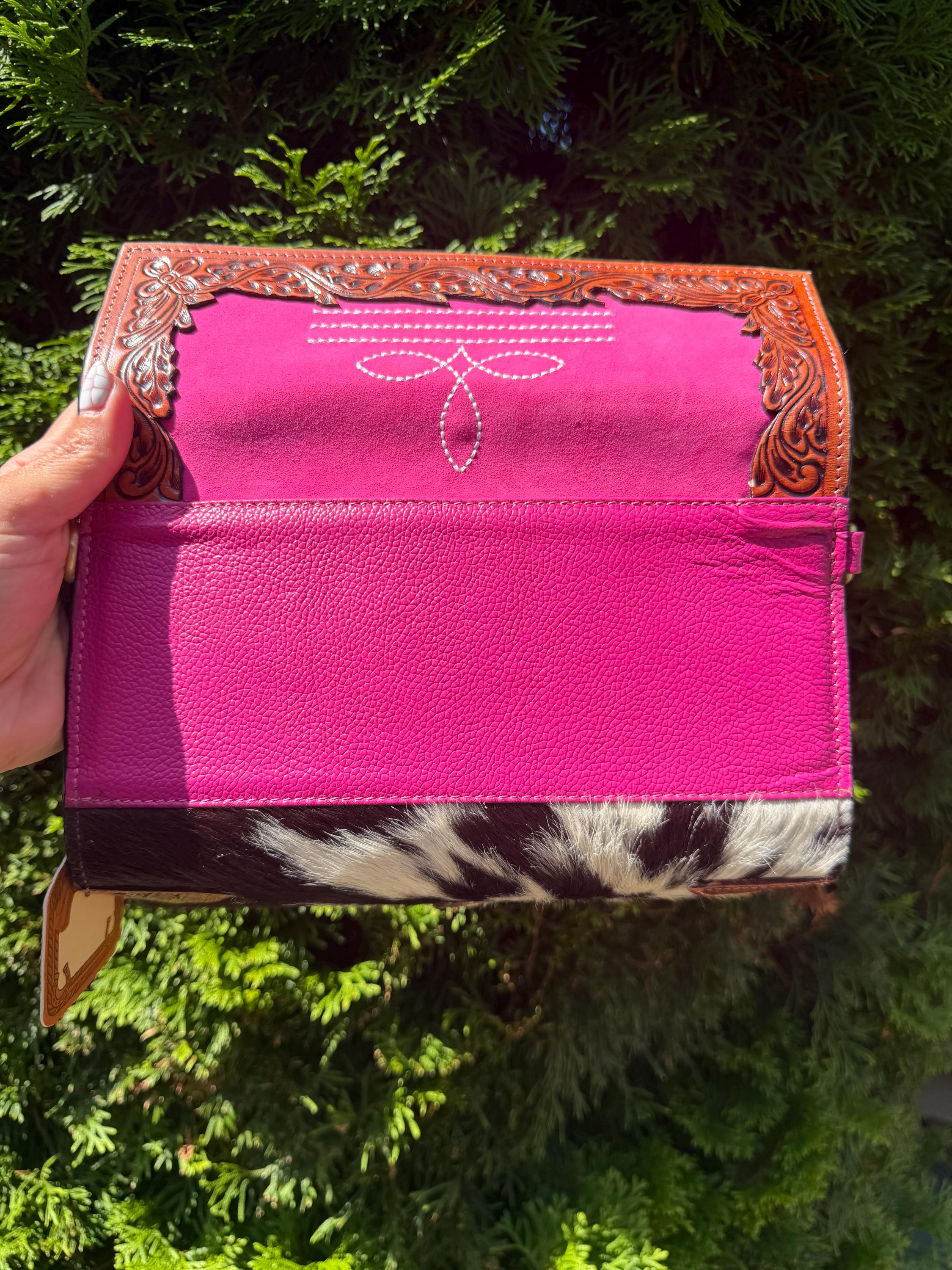 Pink Tooled Leather & Cowhide Wallet Crossbody – Western Hair-On Hide Clutch 7