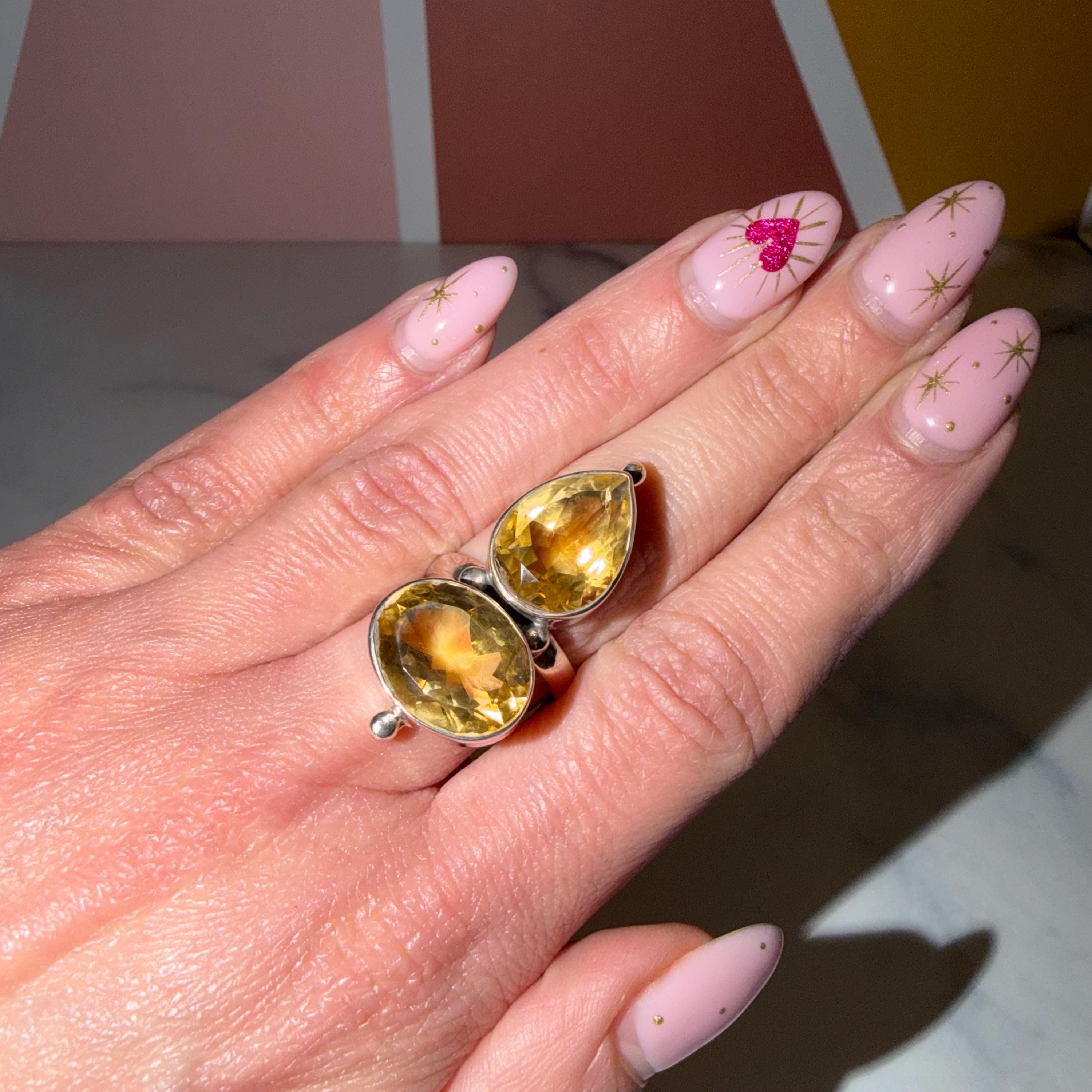 Whiskey Citrine Double Stone Ring • Sterling Silver • Boho Statement Jewelry (size 7) 3