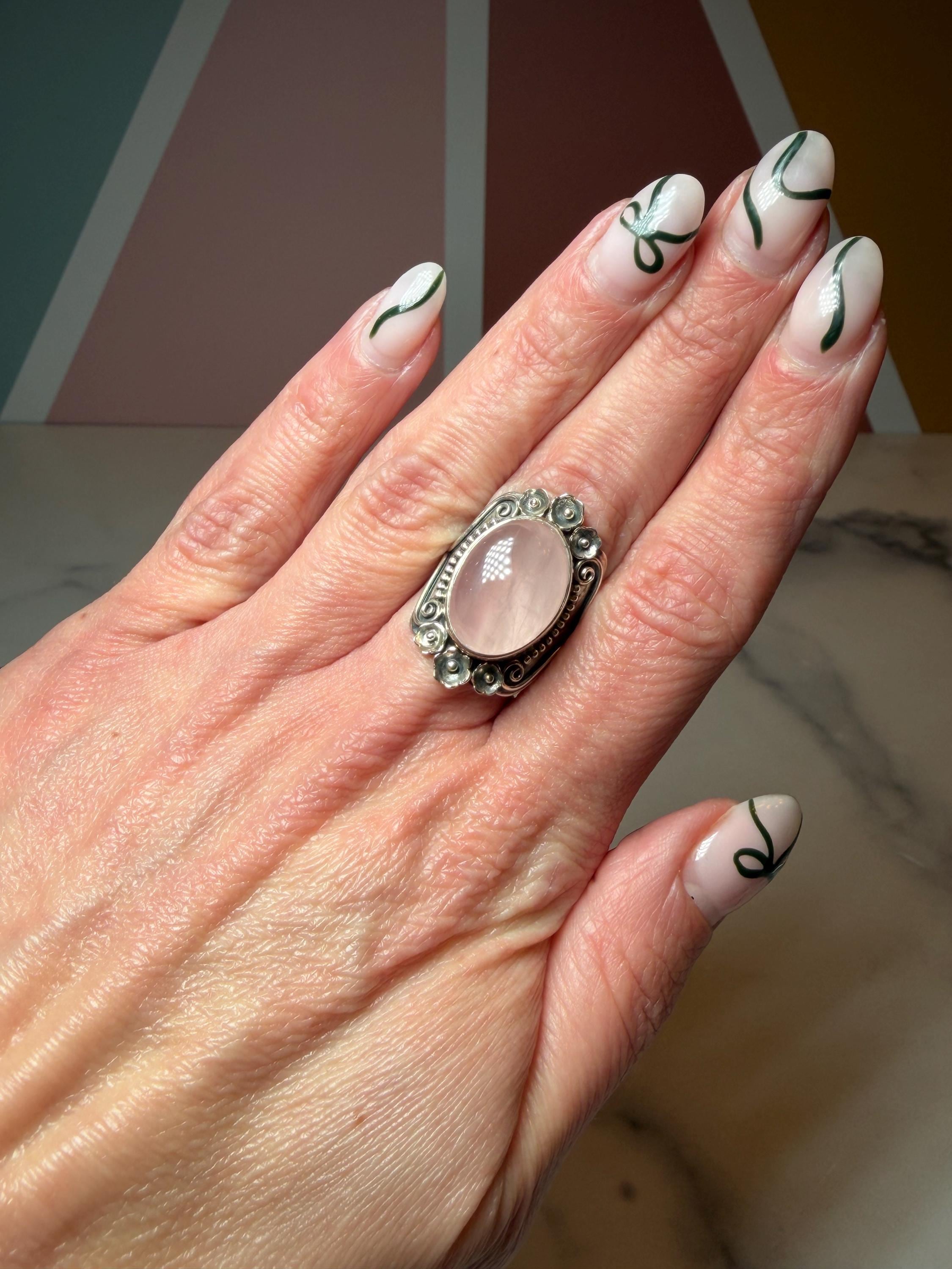 Rose Quartz Sterling Silver Floral Ring, Size 7, Romantic Gemstone Jewelry 5
