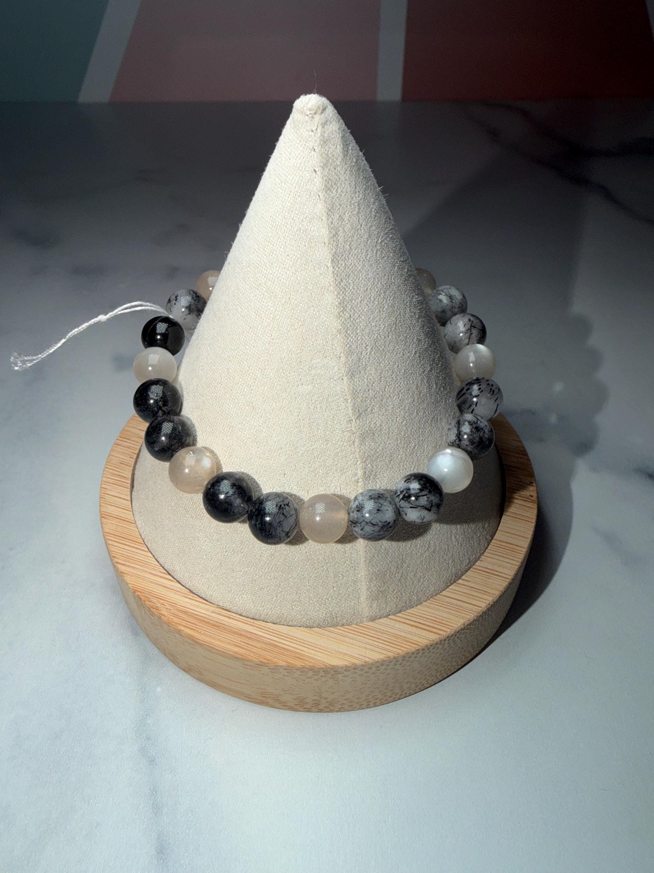 Moonstone and Tourmalated Quartz Stretch Beaded Bracelet, Intuition Protection Balance Jewelry (8.5mm) 7